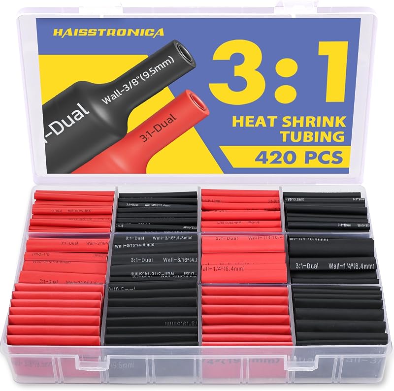 haisstronica 420PCS 3:1 Kit de tubos termorretráctiles 7 tamaños 3/32"-3/4" Negro/Rojo | Sello con revestimiento adhesivo, resistente a uso marítimo, activado por calor, cableado eléctrico, aislamiento de cables, reparación industrial y automotriz