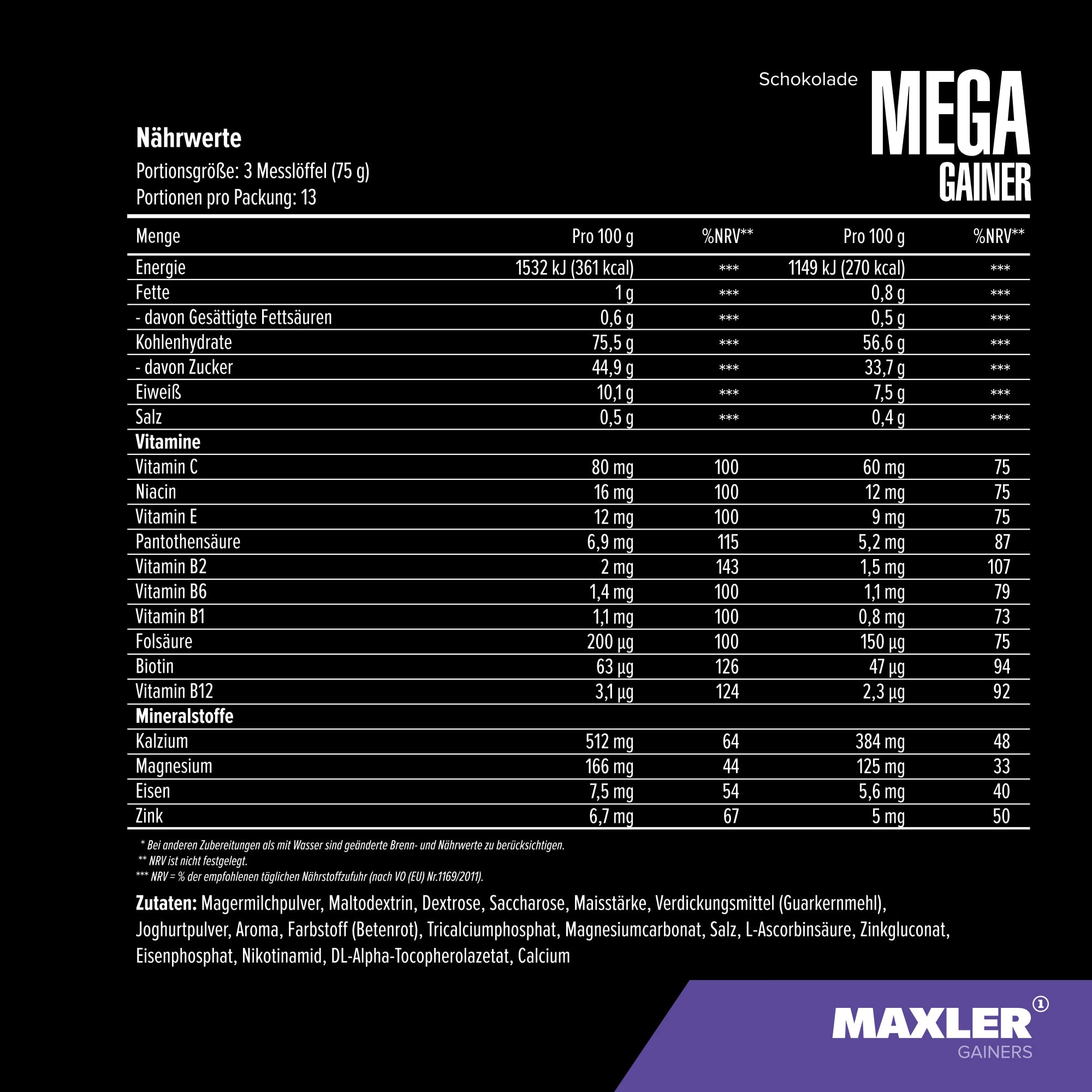 Maxler Mega Gainer - Gain de poids pour développer les muscles - Chocolat - 1000g - combinaison de protéines, glucides, vitamines et minéraux - 10% de protéines de lactosérum