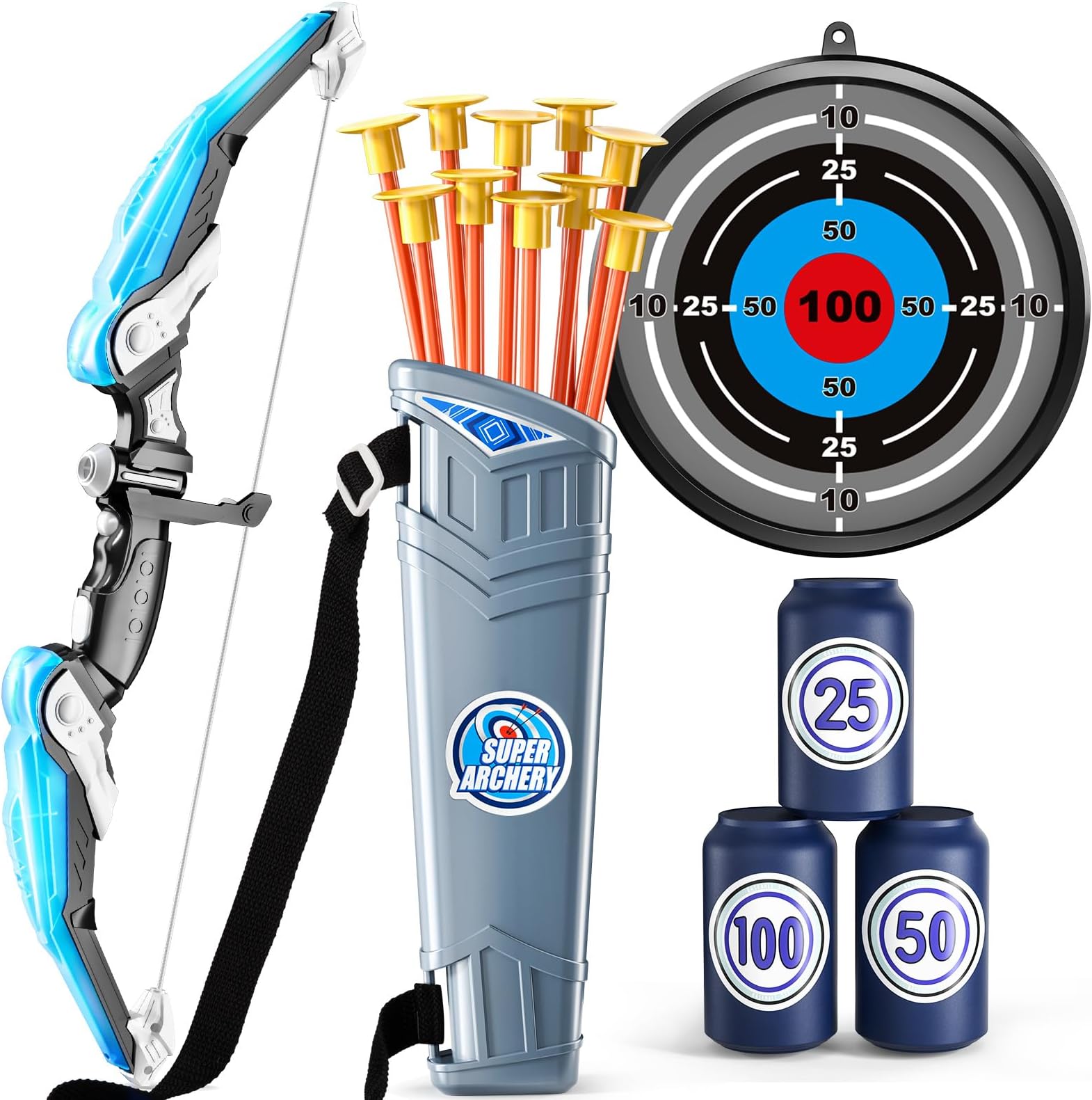 TEMI Bow and Arrow Set for Kids - LED Light Up Archery Set - Includes 10 Suction Cup Arrows, 4 Target & Shoulder-Strapped Quiver, Outdoor Toys Archery Boys Toys Gifts for 3-12 Years Old Boys Girls