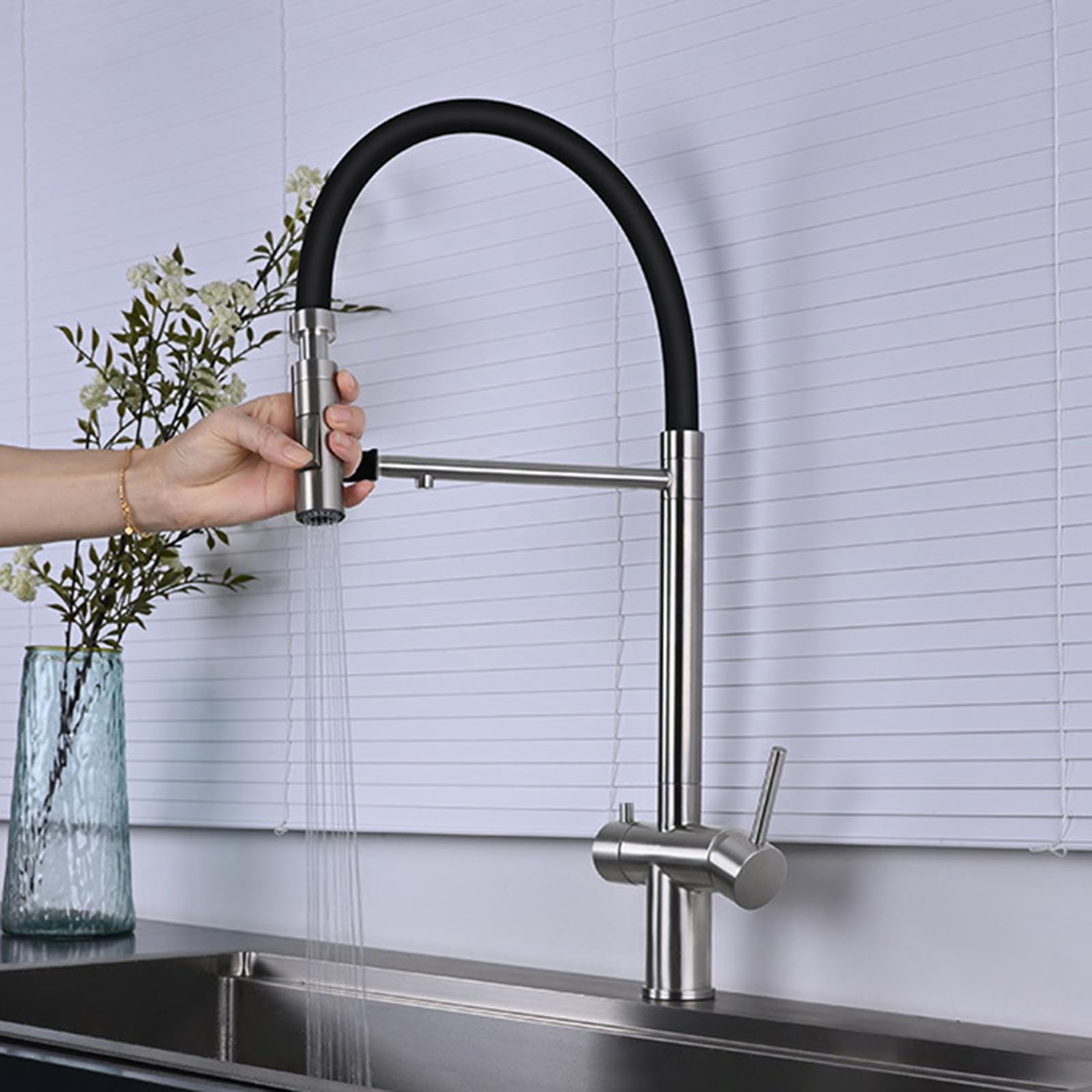 Grifo Mezclador de Cocina y baño Moderno de 3 vías, Giratorio, 2 manijas, Fregadero de Acero Inoxidable, Filtro de Agua Caliente y fría, Oro Cepillado.
