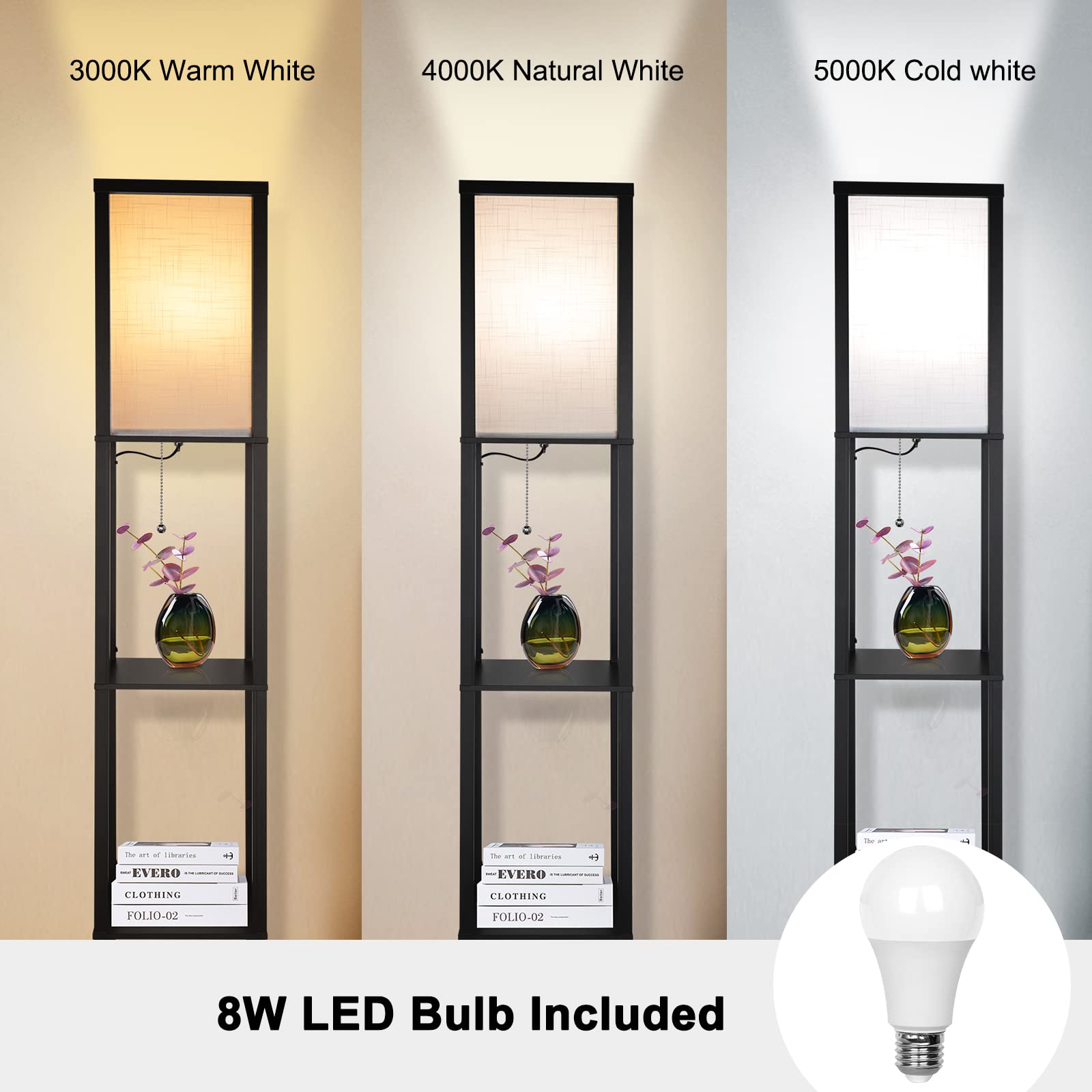 Drewniana lampa podłogowa LED, 1,62 m lampa podłogowa z 3 półkami, lampa stojąca 3 temperatury barwowe (z żarówką E27 3000K-5000K) Dekoracja Lampka nocna do salonu Sypialnia Biuro