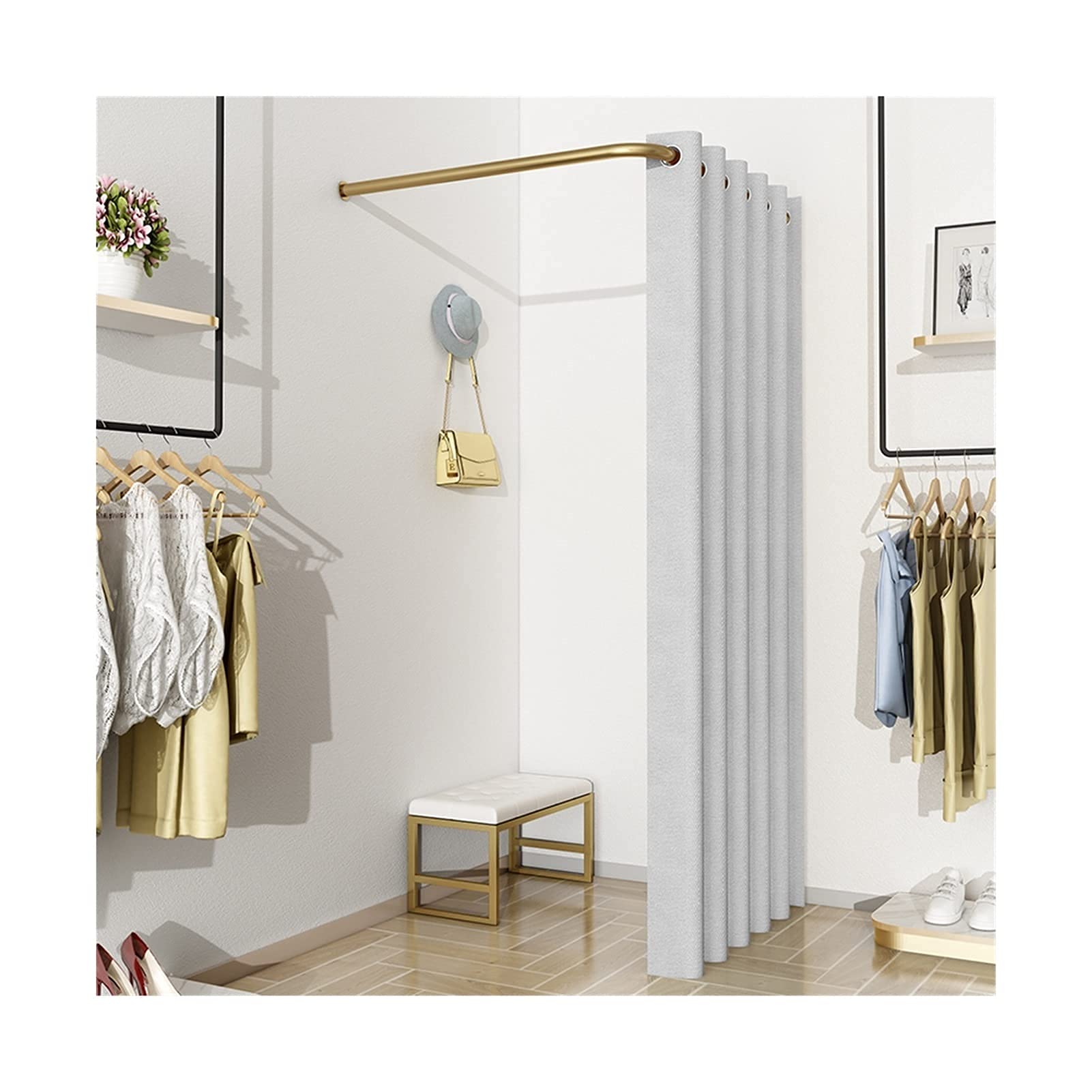 L-Shaped Simple Fitting Room Door Curtain Partition Curtain Dressing Room, DIY Temporary Locker Room with Metal Landing Track, Privacy Screen Partition