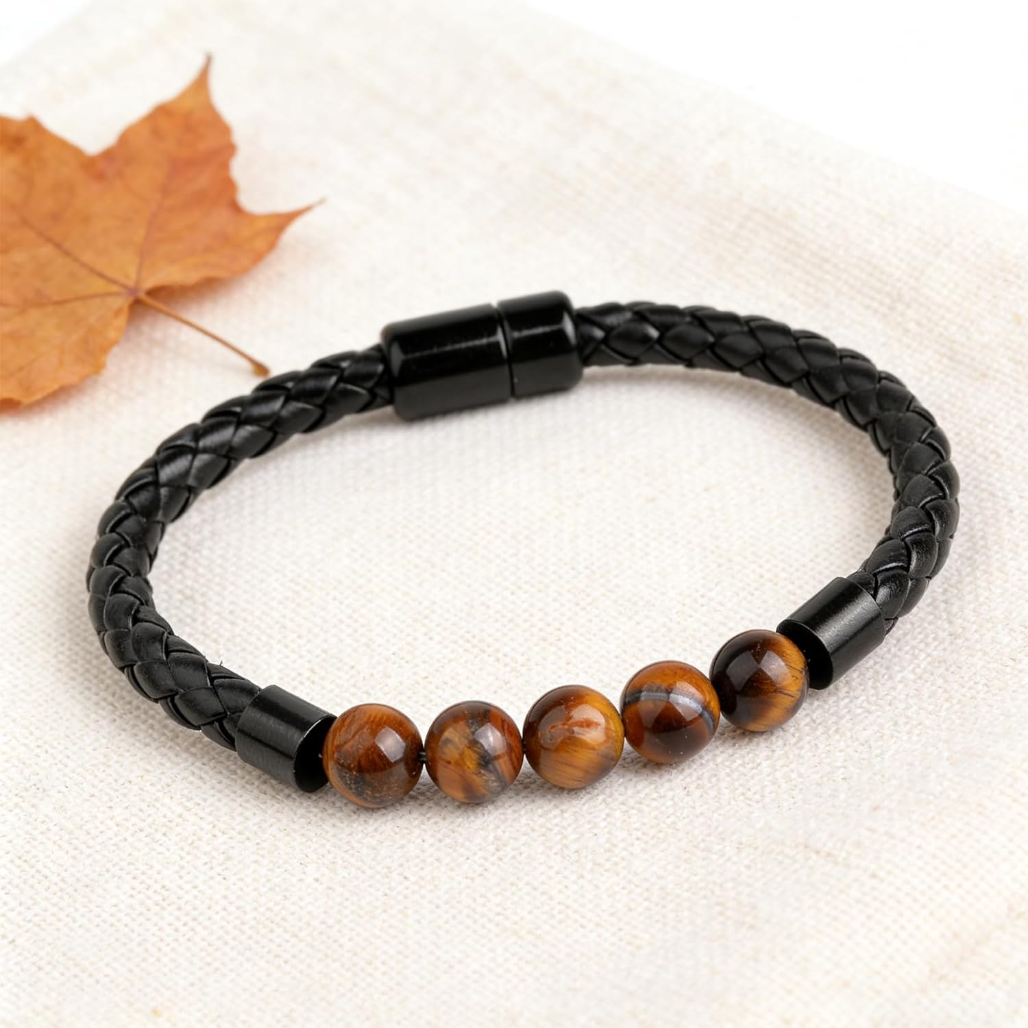 Turquoise Tiger Eye Black Obsidian Bracelets for Men Blue Brown Beaded Leather Cuff Bangle 8mm Stone Braided Stainless Steel Clasp Anniversary Birthday Christmas Wristband for Father 8.3''