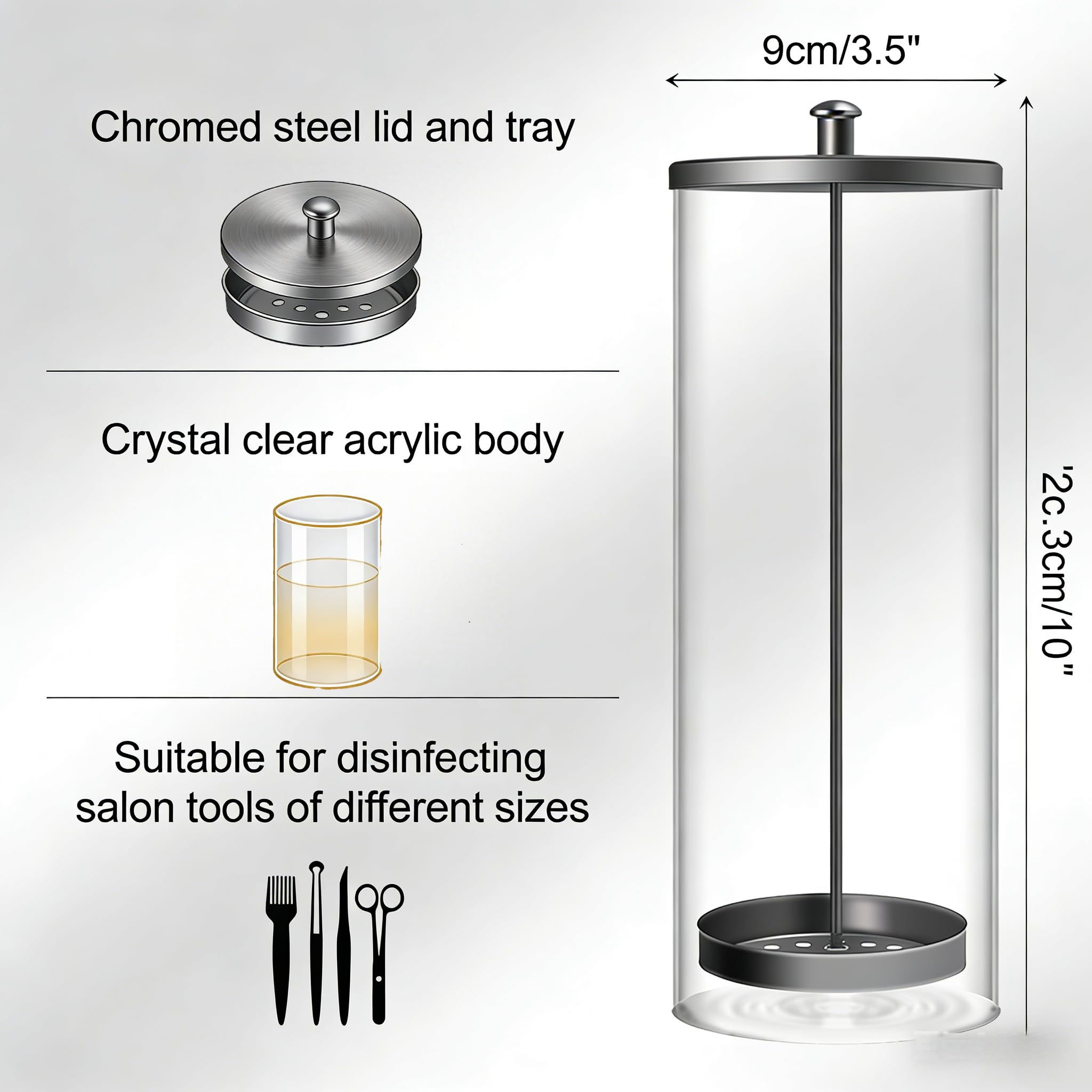 9 Zoll Desinfektionsglasbehälter (23cm), Edelstahl+Transparent Glas Sterilisation Behälter, Abtropfkorb-Design für Maniküre-Werkzeuge & Salon Hygieneverwaltung