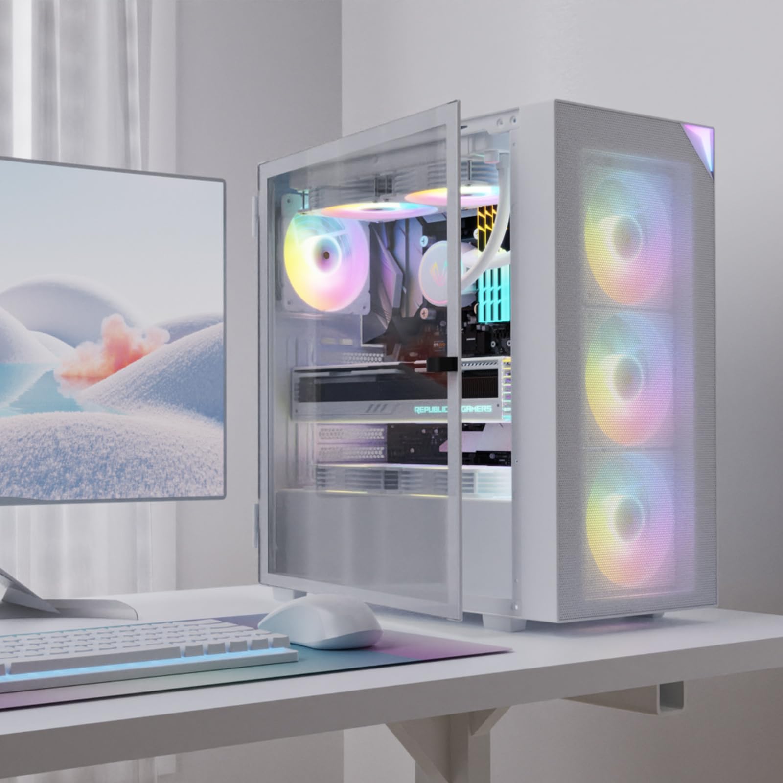 AL800 Mid Tower ATX - Carcasa de computadora para PC, diseño de apertura de puerta, tira LED ajustable, ventilador ARGB y PWM FDB preinstalado en la parte trasera, soporte para GPU serie 50 9