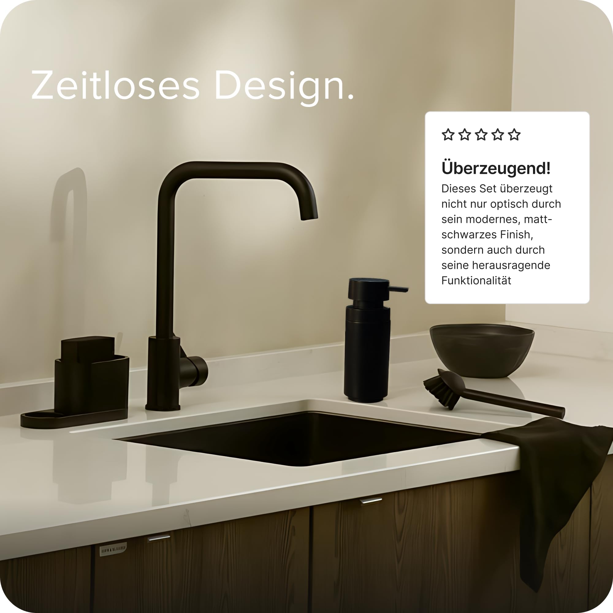 blackswedenhome. Design Spülbecken Organizer mit entnehmbaren Spülmittelspender Spülbürste und Schwamm - Küchenorganizer - Spüle Organizer aus Kunststein Sink Spül Set Seifenspender schwarz matt
