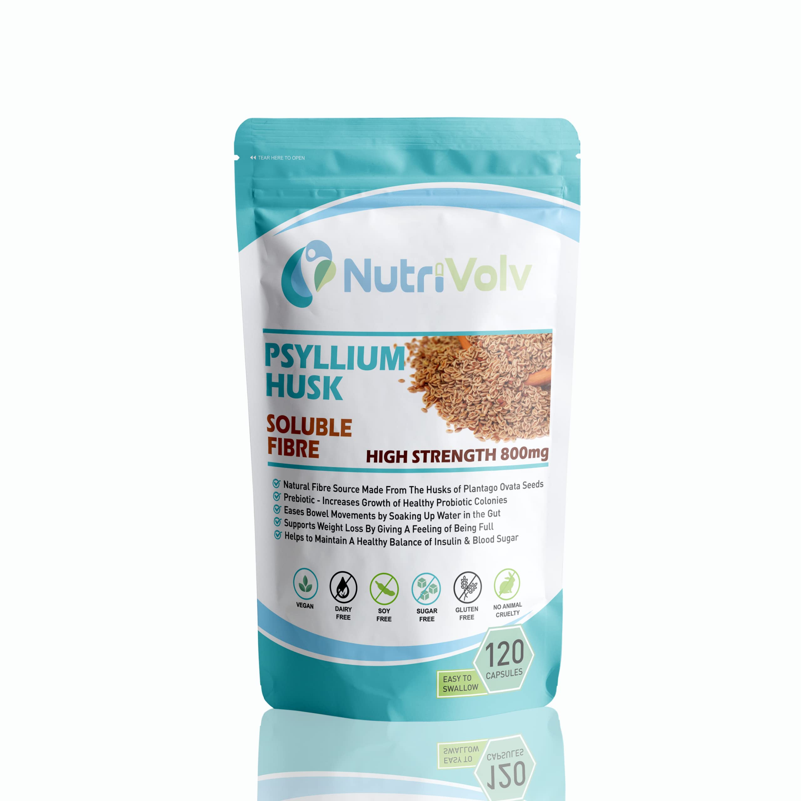 NutriVolv Psyllium Husk 800mg | 120 Capsules | Fibre Supplement | High in Soluble Fibre | Digestion Support | Detox | Colon Cleanse | Weight Loss | Gut Health | Vegan