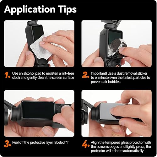 Miniatura 8 de TELESIN Paquete de 2 protectores de pantalla de vidrio templado + 2 protectores de lente para Osmo Pocket 3  Accesorios de película de vidrio