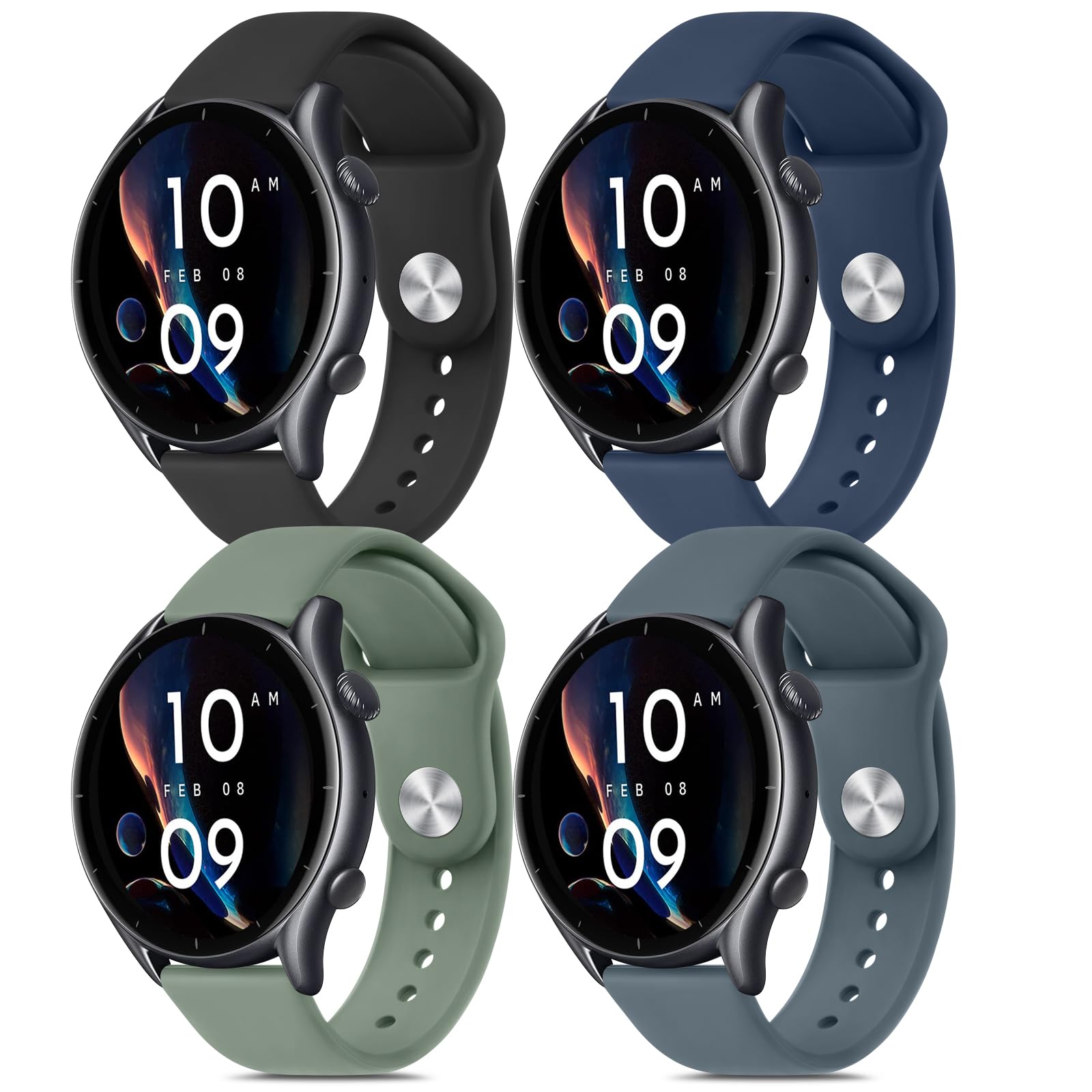 YLK 4 Piezas Correa Compatible con Amazfit GTR 3/GTR 3 Pro/GTR 4/GTR 2/GTR 2e/GTR 47mm Hombre Mujer, 22mm Pulsera de Repuesto Silicona