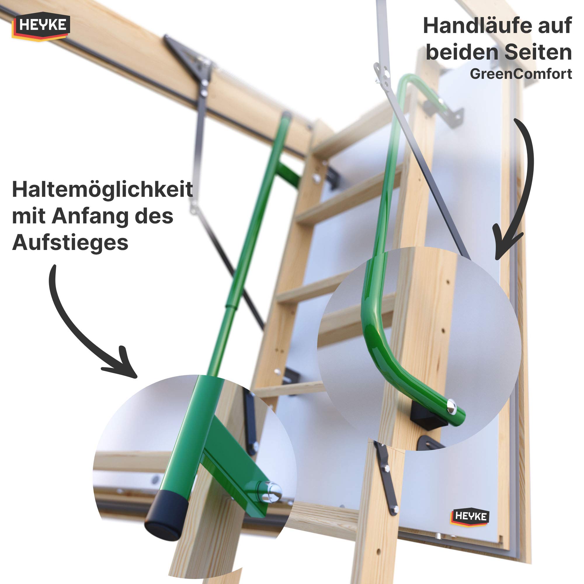 Gedämmte HEYKE W1 Bodentreppe mit Zwei Handläufe Spart Energiekosten | U-Wert 0,36 W/M2*K | Luftdichtheitsklasse 4 | 2 Dichtungen | Bequeme Assistenz-Federmechanismus | Möbelqualität