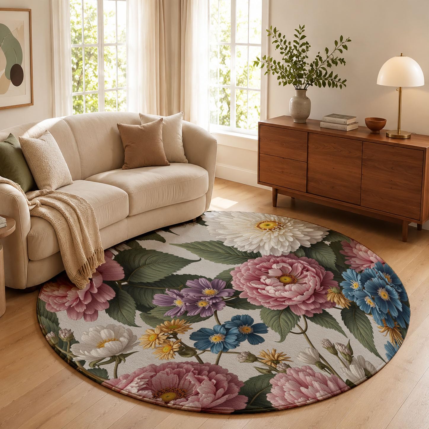 Tappeto rotondo Bouquet Peonie per soggiorno,lavabile in lavatrice,antiscivolo, a pelo basso e non perde pelo,Giardino Stile Classico Dipinto Olio per soggiorno,camera da letto,salotto,Ø 120 cm, Rosa