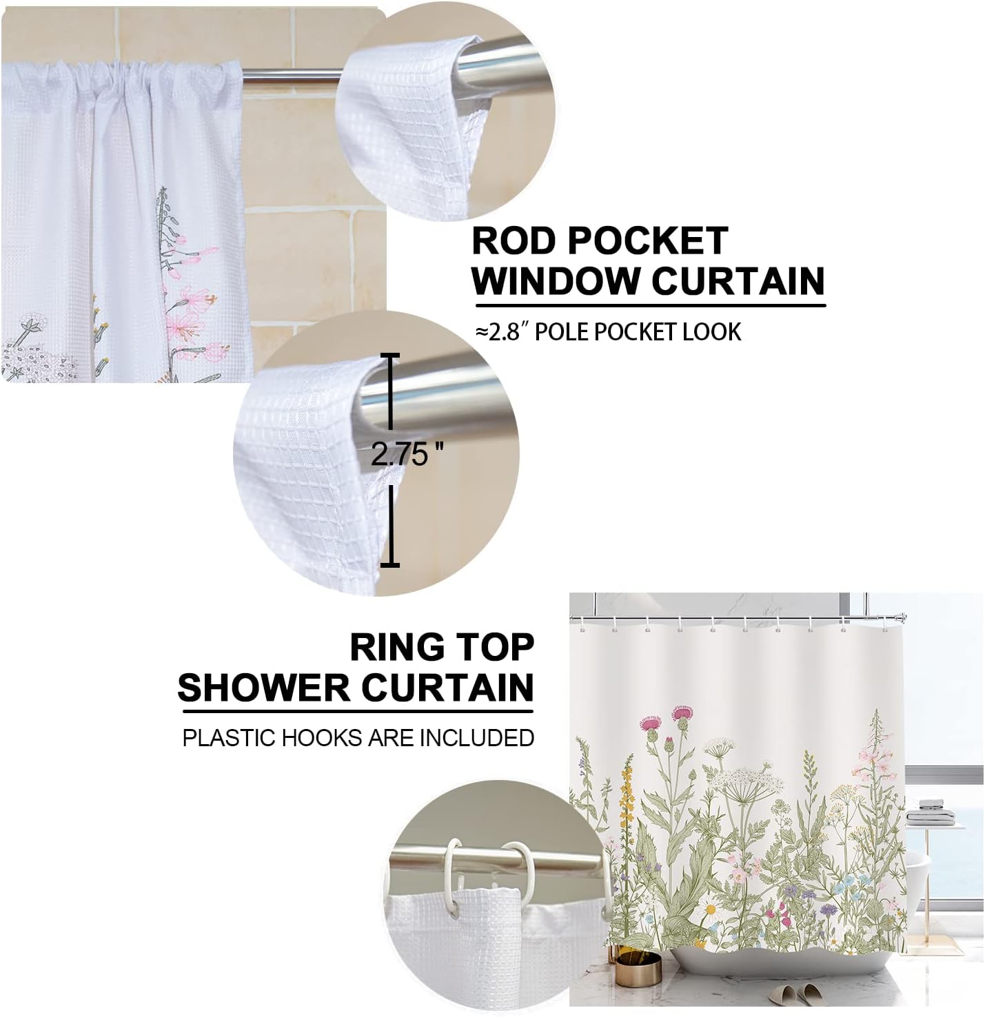 YISURE 2 Piece Wildflower Botanical Shower Curtain Set with Window Curtain, 72x72 with 30x36 inches, Floral Plant Sage Green Leaves Decorative Shower Curtain with Matching Window Panel