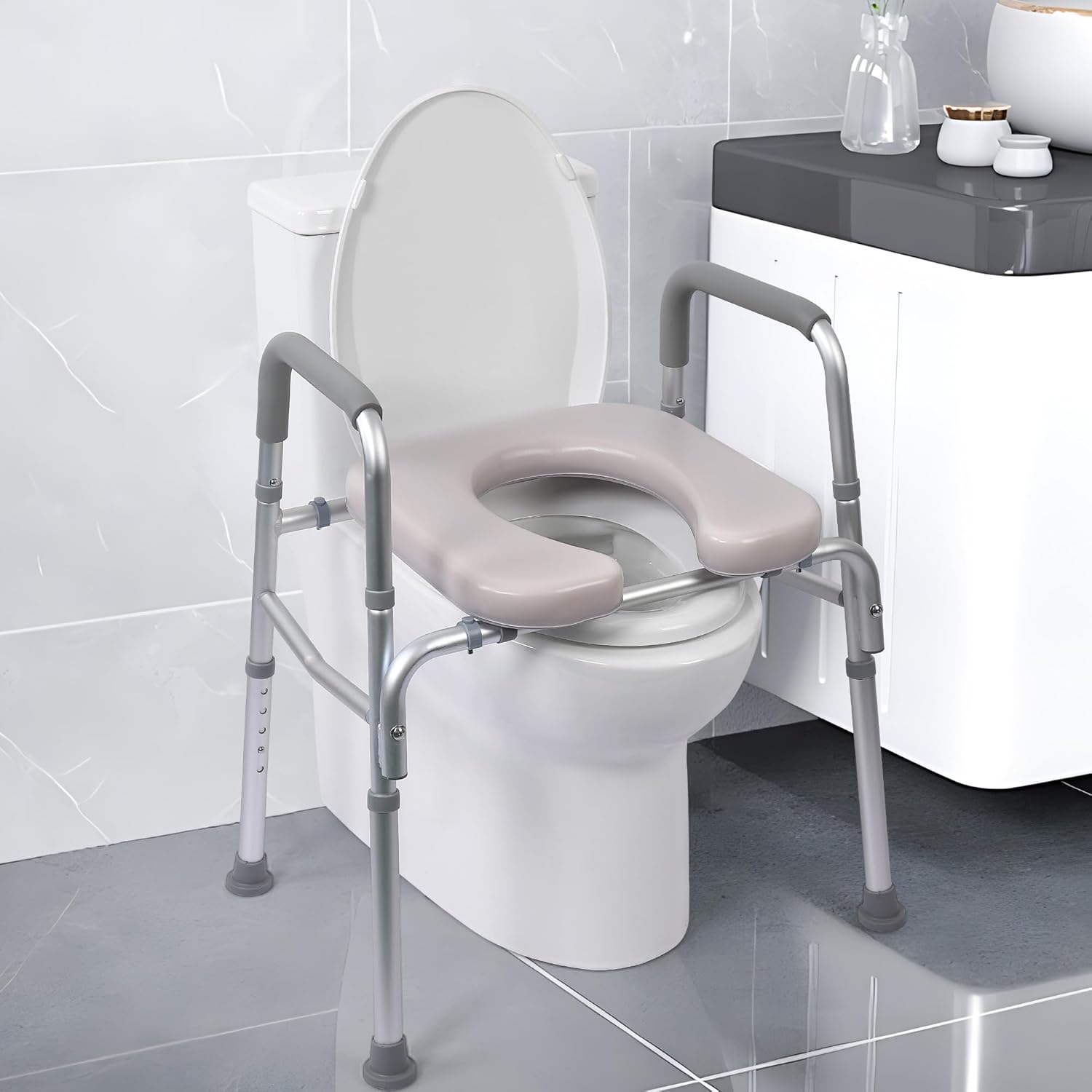 Photo 1 of Raised Toilet Seat with Cushion and Armrests, Adjustable Height for Seniors,Supports up to 350lbs