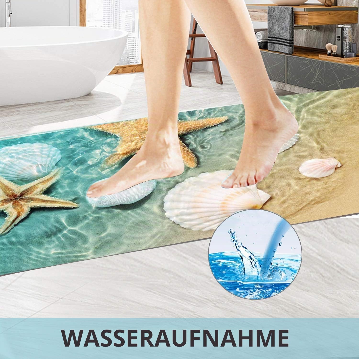Badematte aus Memory-Schaum, rutschfest, saugfähig, super gemütlich, Samt, Badezimmerteppich, maschinenwaschbar (Strand Seestern2)