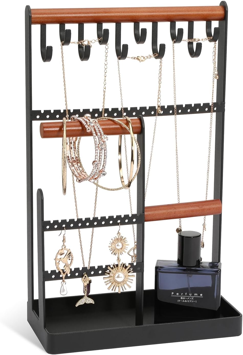 Jewelry Holder Organizer, Jewelry Organizer with 88 Earring Hooks and 10 Necklace Holders, Jewelry Holder Stand for Necklaces Earrings Bracelets Rings Earrings Watches, Elegant Balck