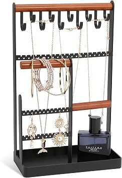 Jewelry Holder Organizer, Jewelry Organizer with 88 Earring Hooks and 10 Necklace Holders, Jewelry Holder Stand for Necklaces Earrings Bracelets Rings Earrings Watches, Elegant Balck