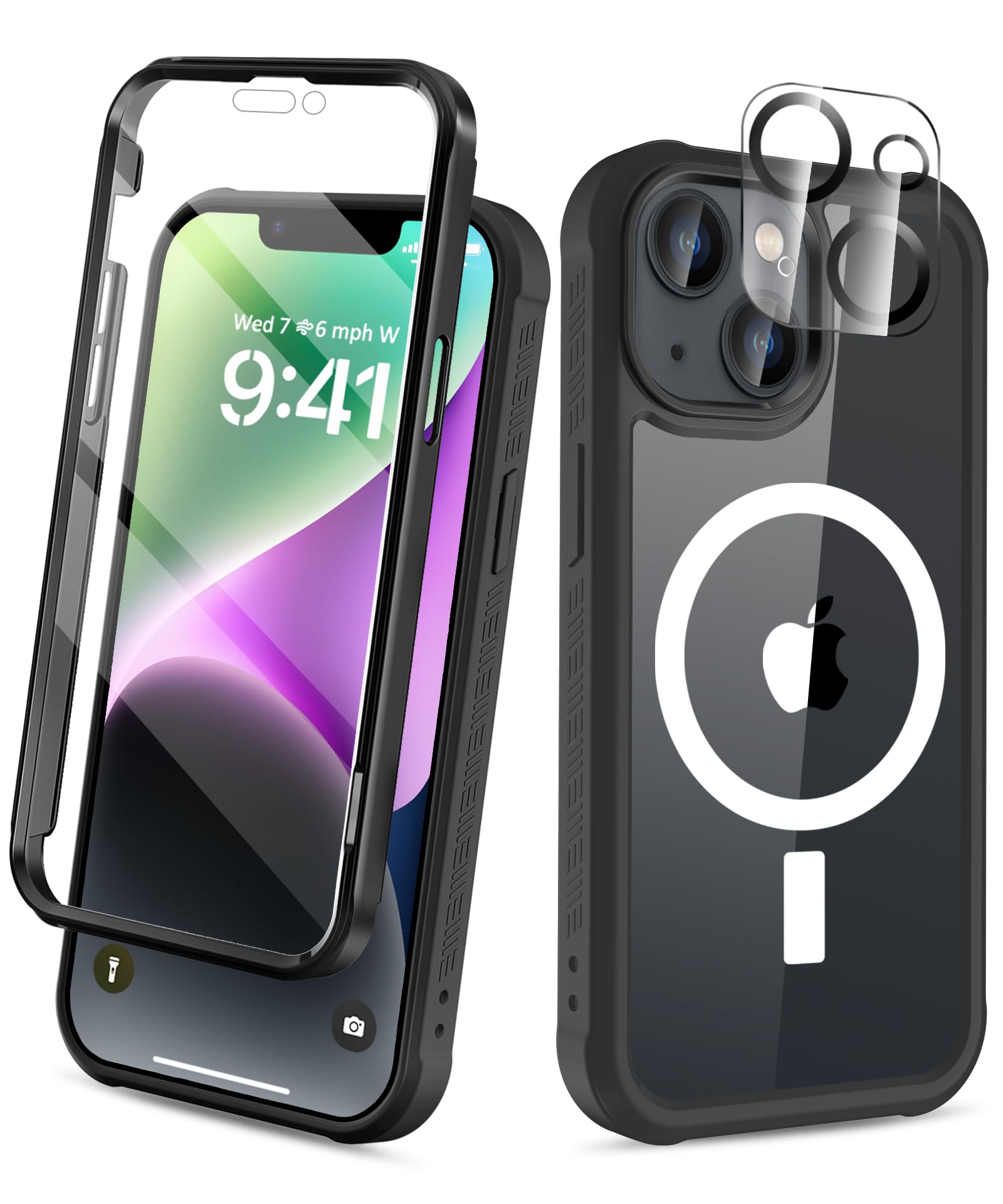 Compatible with iPhone 14 Plus Case, Built-in Screen Protector, with Camera Lens Protector, [Compatible with MagSafe] Full Body Phone Case, Magnetic Protective Cover for 14Plus 6.7" (Black)