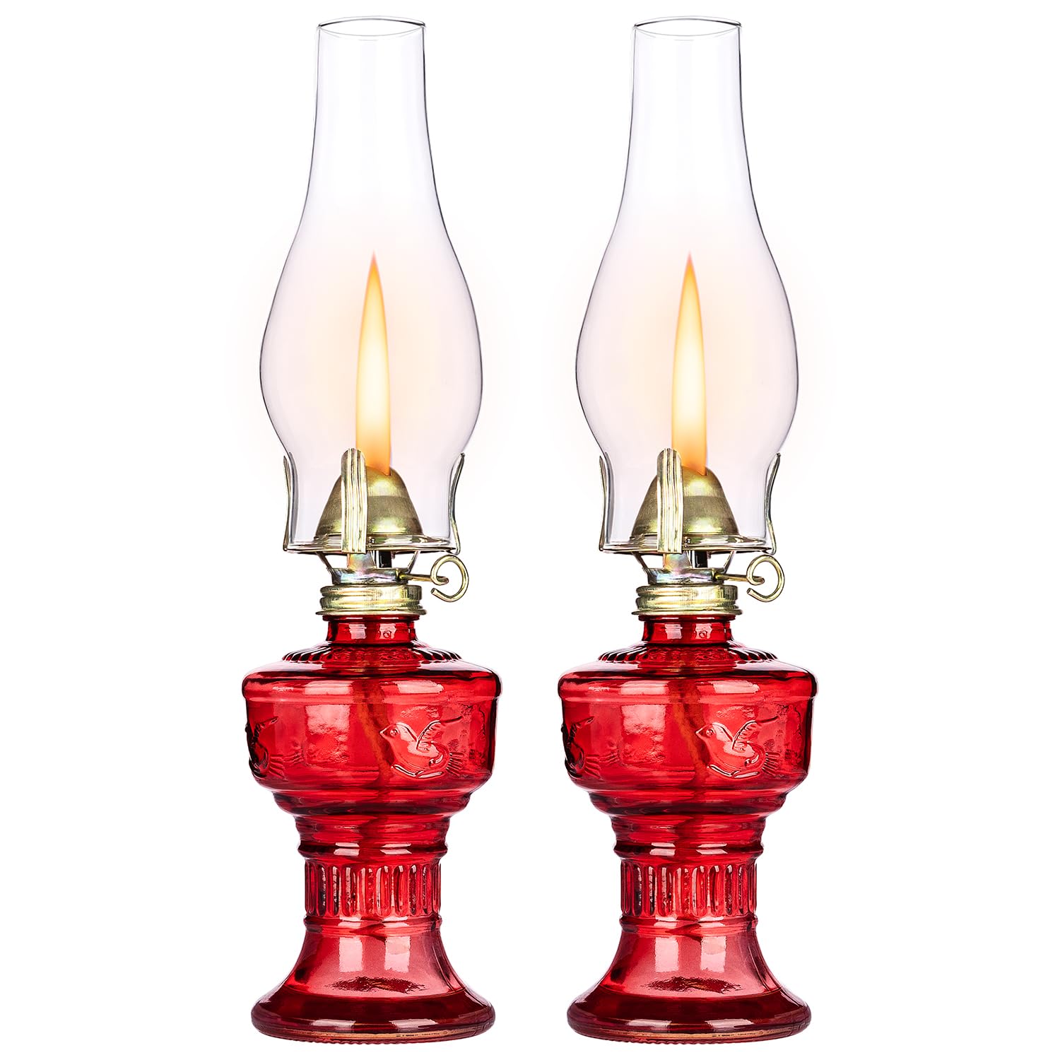 2PCS 32cm Chamber Oil Lamp Glass Kerosene Oil Lamps, Vintage Oil Lamps for Indoor with Adjustable Fire Wick Lighting Oil Lantern for Tabletop Decor and Emergency Lighting, 12.6" High (Red)