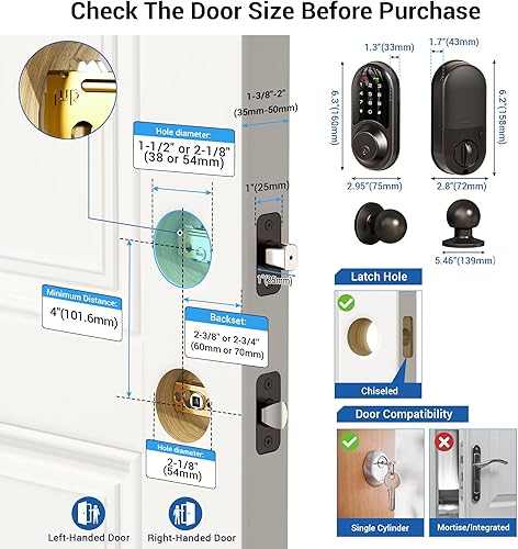 Miniatura 6 de Veise RZ06C Cerraduras inteligentes para puerta delantera, juego de 2 manijas de perilla, cerrojo de entrada sin llave, control de aplicación,
