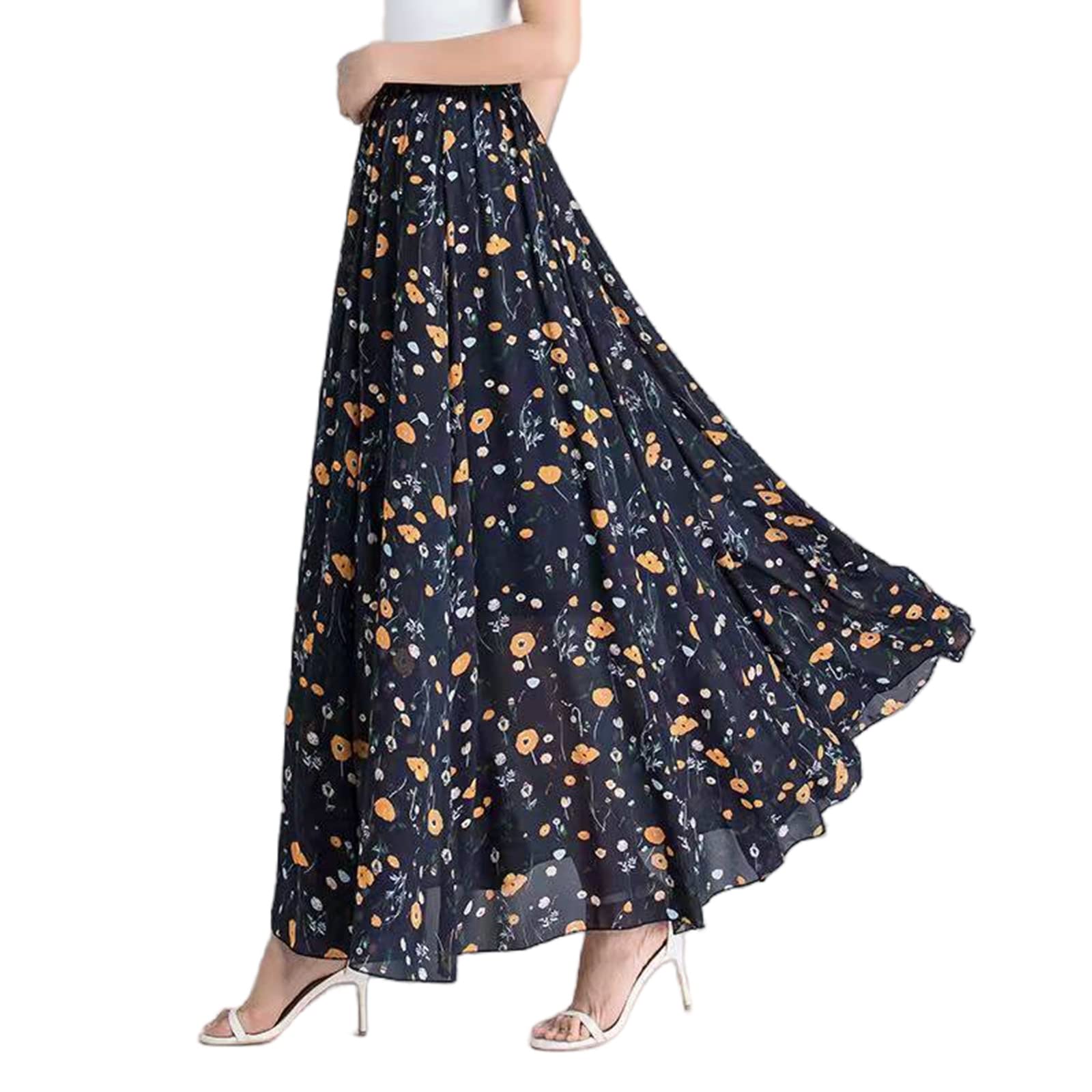 URYYRIT Strandkleid Chiffon Blumensommerrock Mitten In Großer Größe Langer Rock Big Swing Beach Seaside Dancing Feenrock