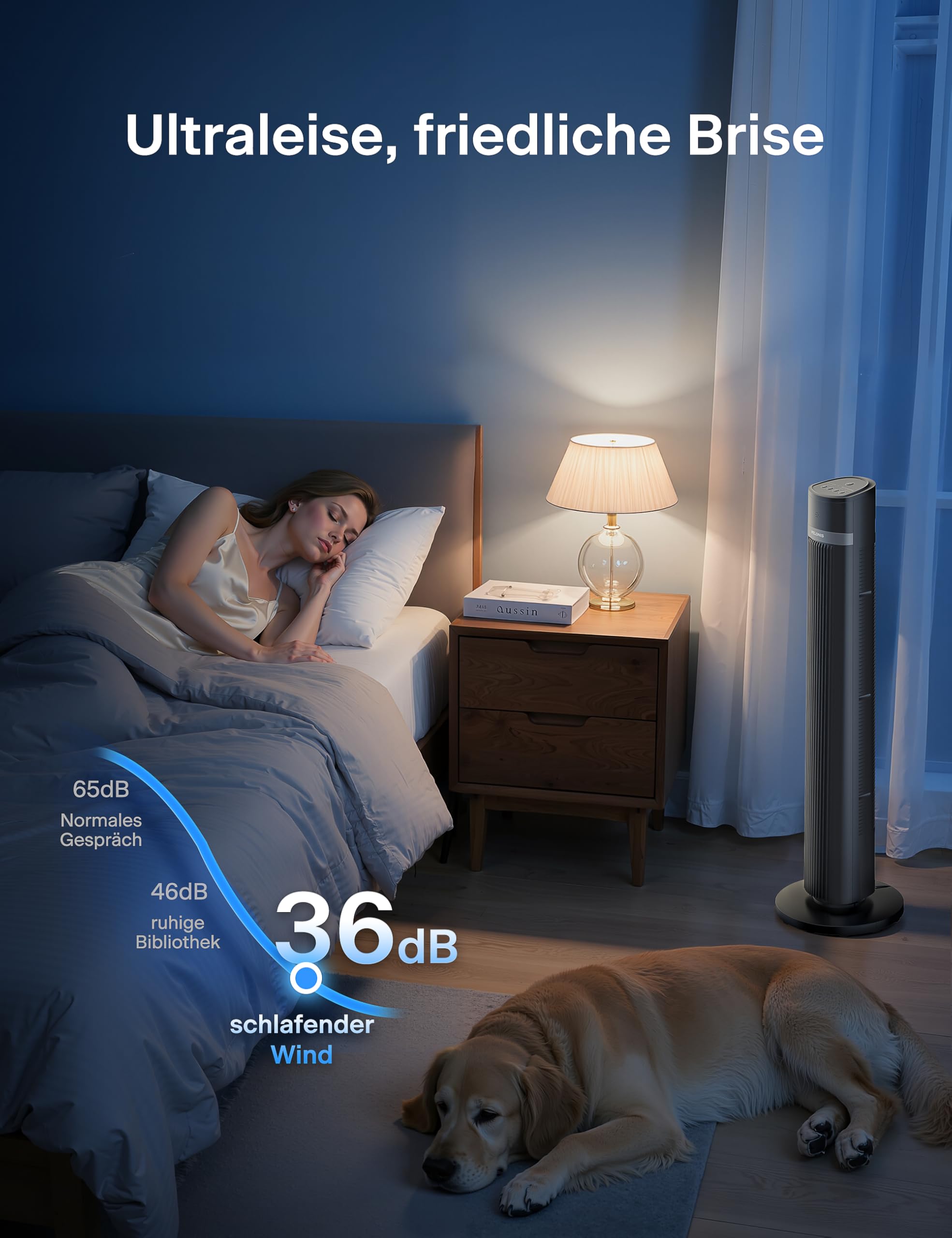 Pelonis 4-voudig in hoogte verstelbare zuilventilator, ultra stille oscillerende ventilator met 90° zwenkbereik en 3 snelheden, voor slaapkamer, kantoor, thuis, zwart
