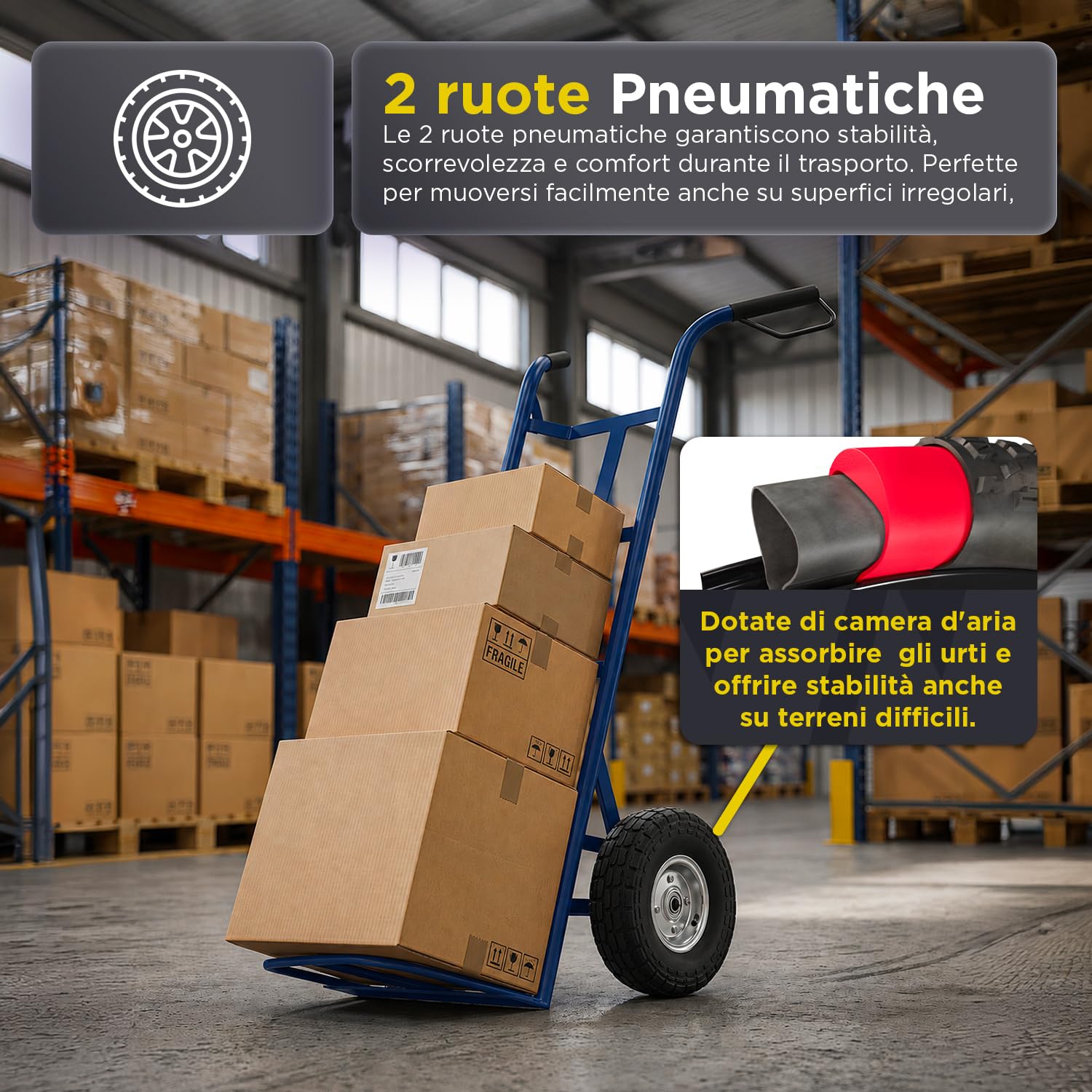 Avilia - Carrello Portapacchi con 2 Ruote Pneumatiche – Struttura in Metallo, 250 kg | Carrello Saliscale con Manico Ergonomico, Multiuso Traslochi, Edilizia, Terreno (Blu, Chilogrammi, 250)
