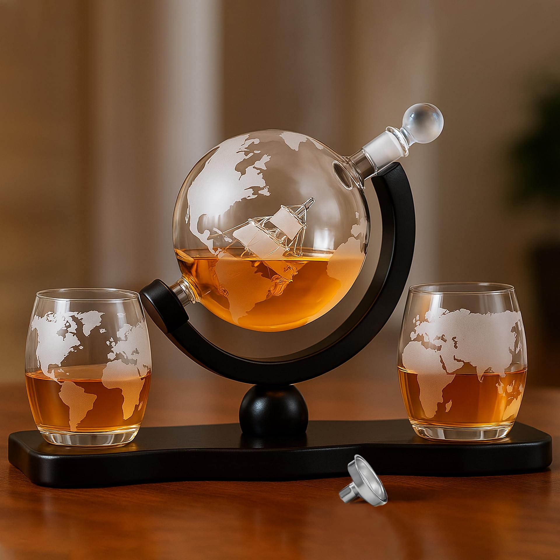Cadeaux pour papa, hommes Carafe à whisky et à vin Globe World Set avec verres globe Anniversaire Réchauffement de la maison pour liqueur Scotch Bourbon Vodka, Cadeau pour lui - 850 ml