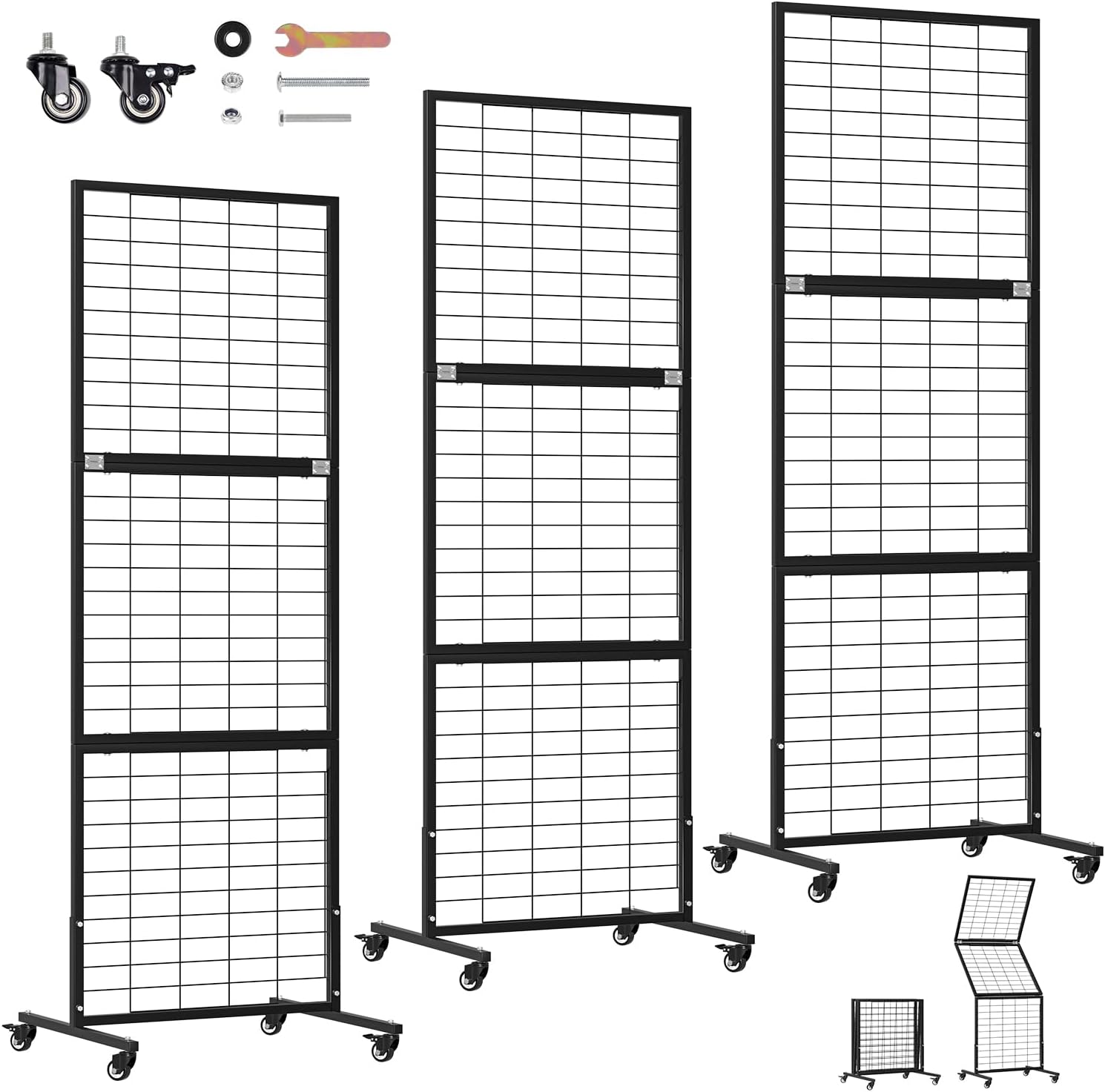 3 Pack Heavy Duty Foldable Gridwall Panels, Adjustable Grid Wall Panels with Braked Wheels, Suitable for Craft Merchandise Display Item Storage (Black) Set 3