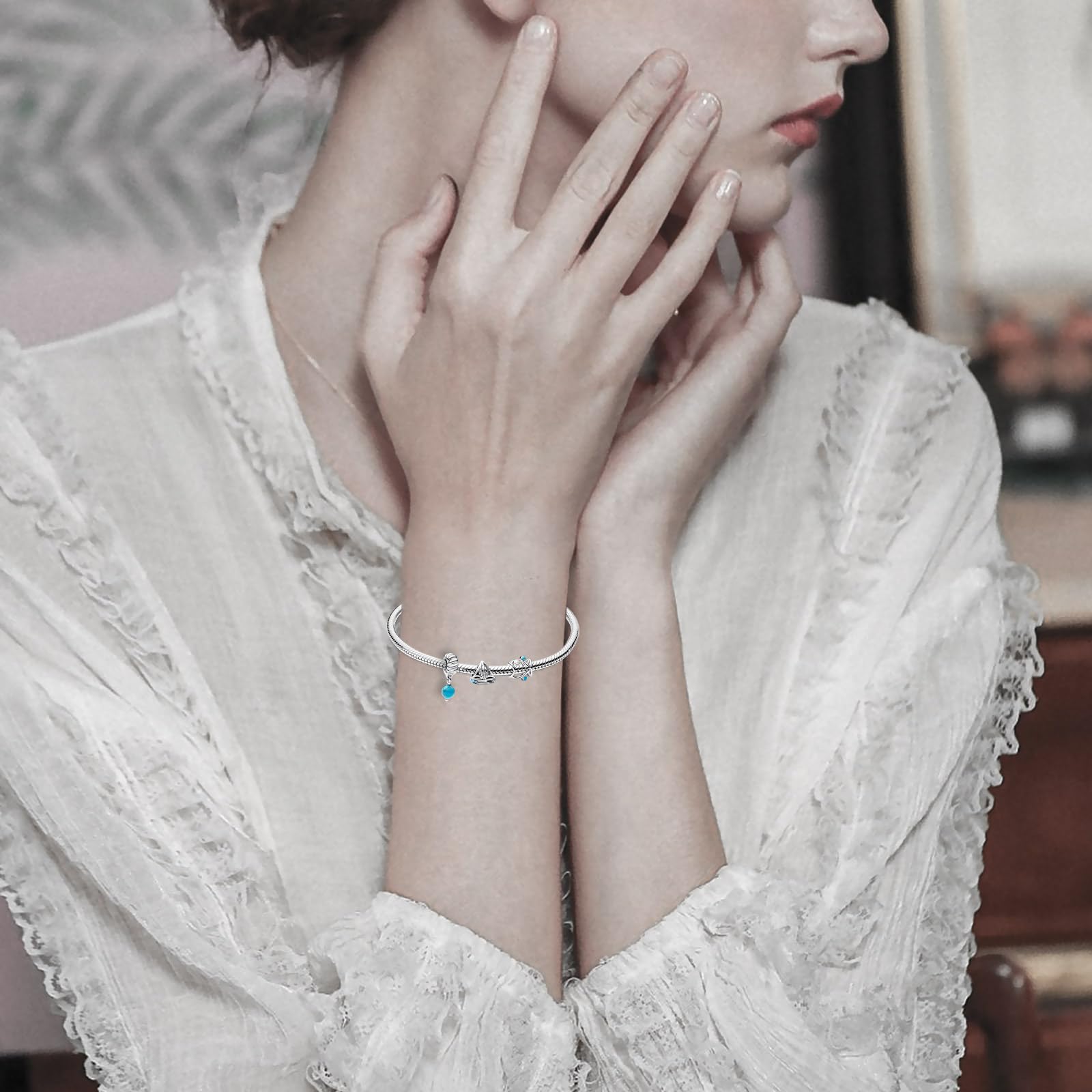 LaMenars 2022 Nuovo Cartone Animato Oceano Vetro di Murano Punto Charm per Le Donne Ciondolo in Argento Sterling 925 con Cubic Zirconia Fit Europe Regali per Le Donne Bracciale e Collana