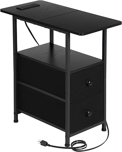 AMHANCIBLE Mesita de noche estrecha con estación de carga, mesa auxiliar delgada con puertos USB y tomas, mesita de noche con 2 cajones de tela para