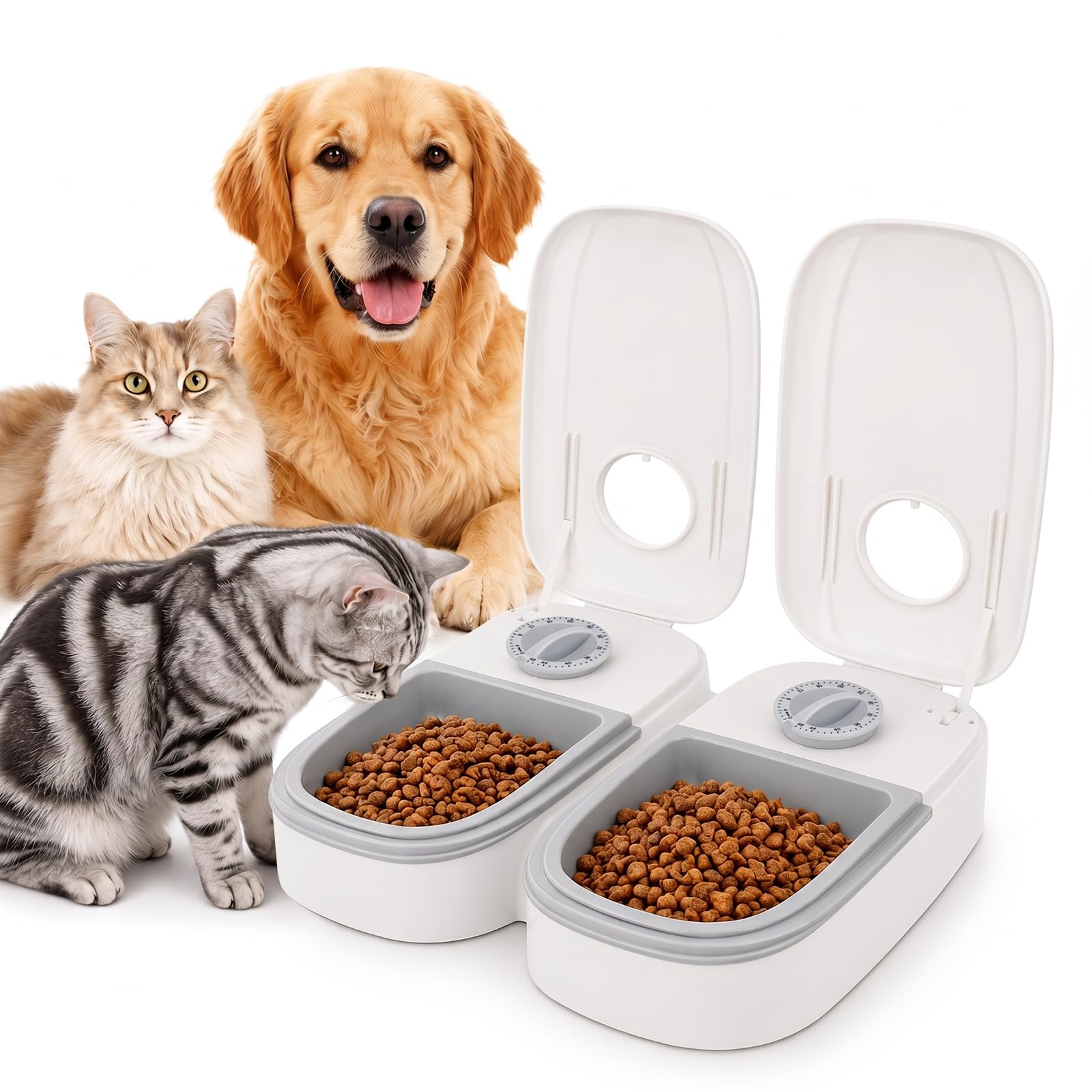 EVERGOODS 2 Meal Automatic Cat Feeder with 48H Timer, 700ML Dual Bowl Pet Food Dispenser for Wet and Dry Food, Timed Cat Feeder for Cats, Kittens and Small Dogs