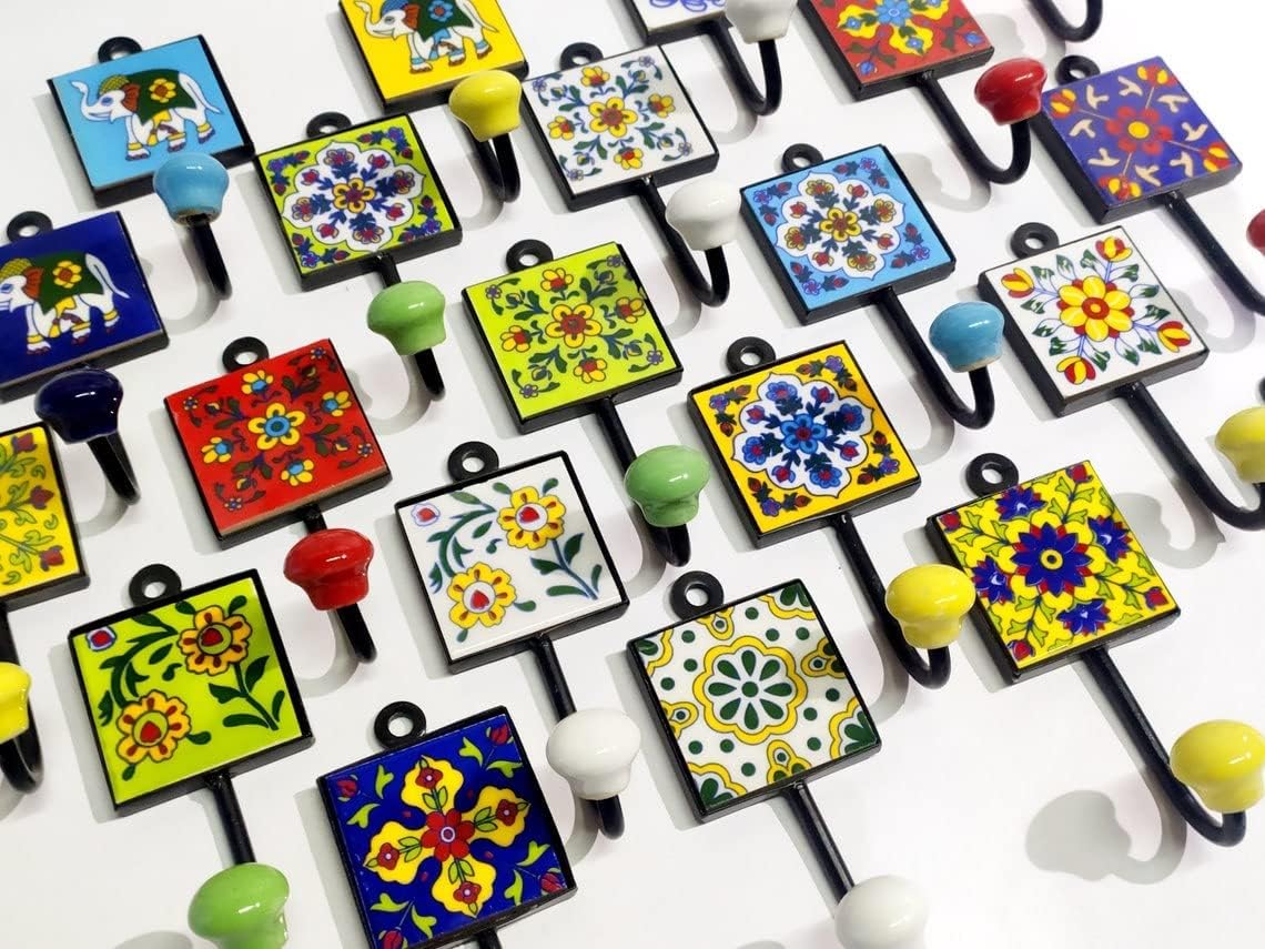 Ceramic Tile Wall Hanger | 1-Hook Key & Bag Holder | Decorative Multi-Color Wall Hook for Keys, Towels, Shirts, Bags & More | Vintage Tile Key Ring Hanger (Pack of 10)-image-48