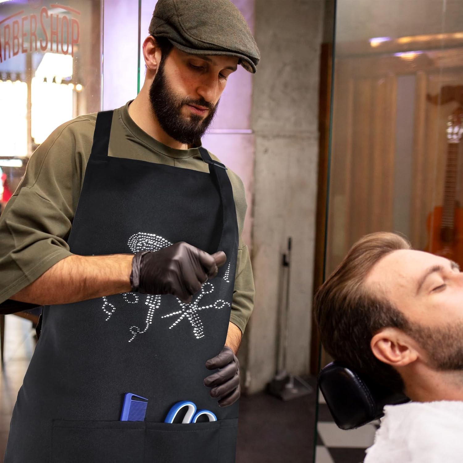 Hair Stylist Apron with 3 Pockets, Hair Cutting Apron with Rhinestone Tools Waterproof Hairdresser Aprons Adjustable Hair Aprons for Stylist, Barber Salon apron for Women and Men - Image 7