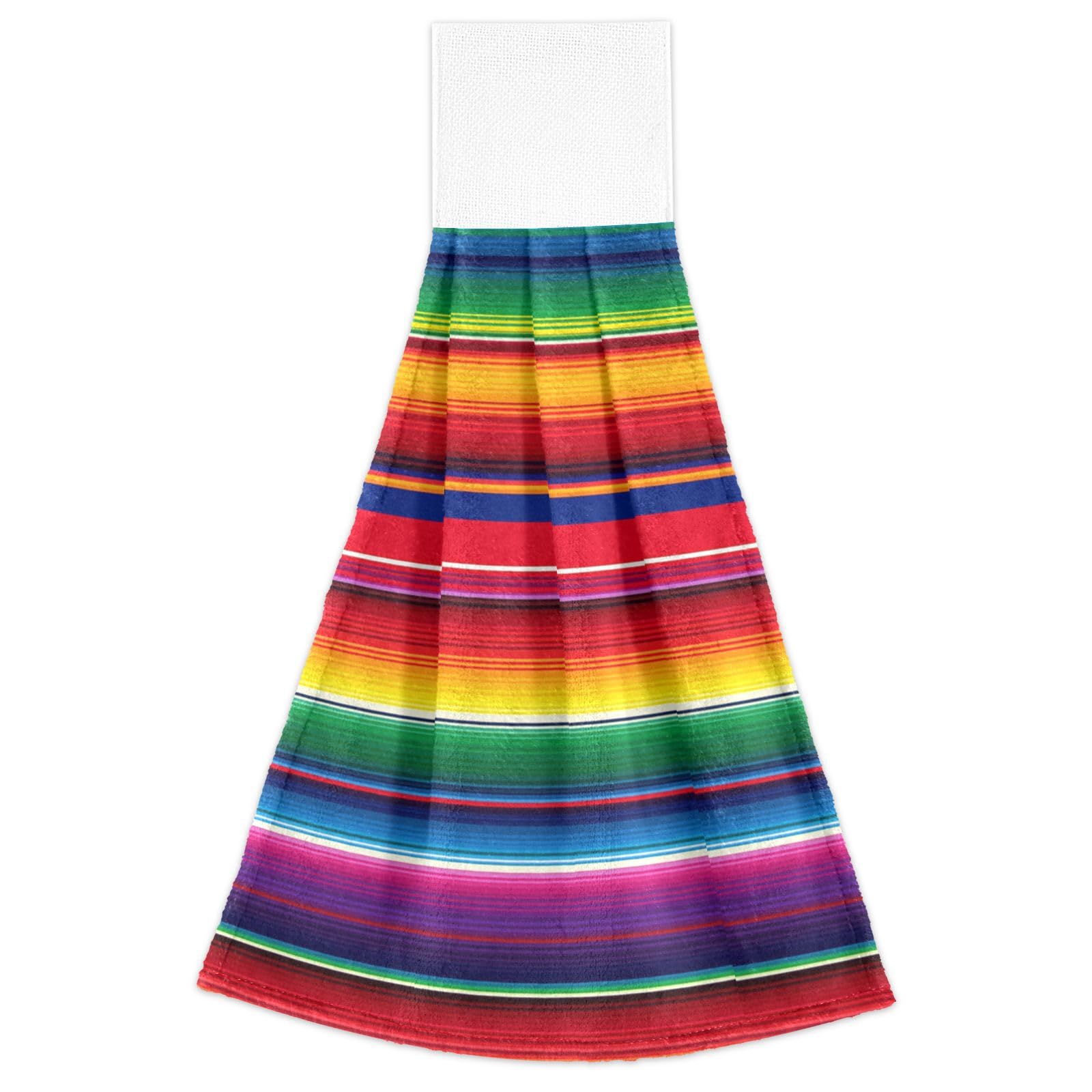 Boccsty Mexican Serape Hanging Kitchen Towels 2 Pieces Blanket Stripes Rainbow Dish Tie Towels Hand Towel Tea Bar Towels for Bathroom Farmhouse
