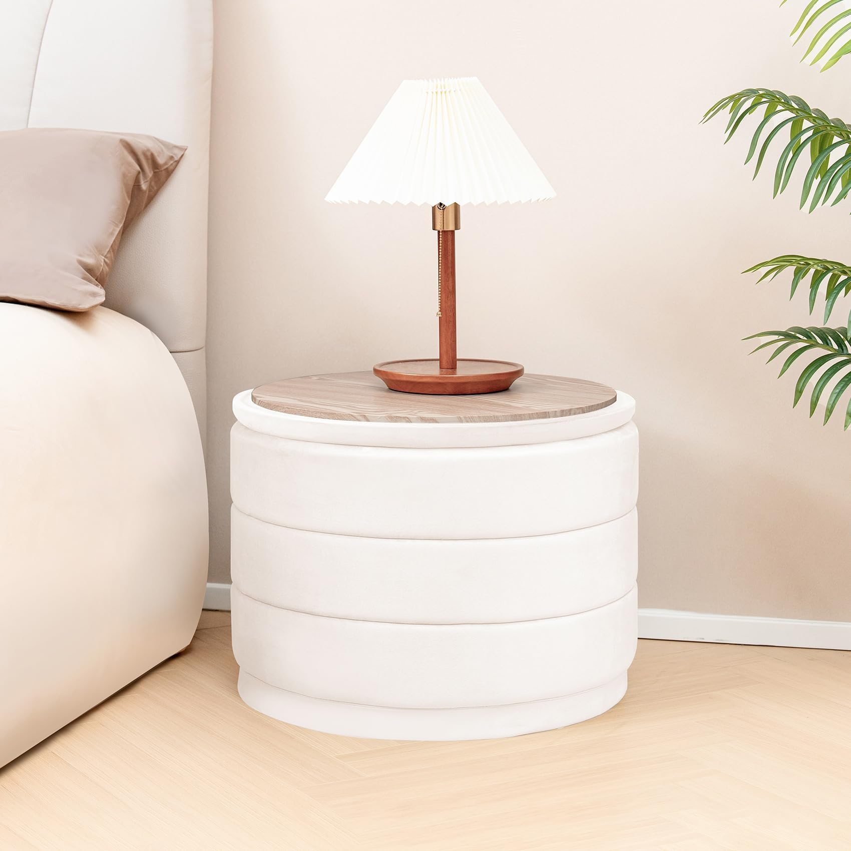 Bonlife Ottoman Rond avec Couvercle,Repose-Pieds Pliable avec Table,Repose-Pieds pour Salon, Chambre à Coucher, Couloir, Velours Blanc, 58 x 58 x 44 cm