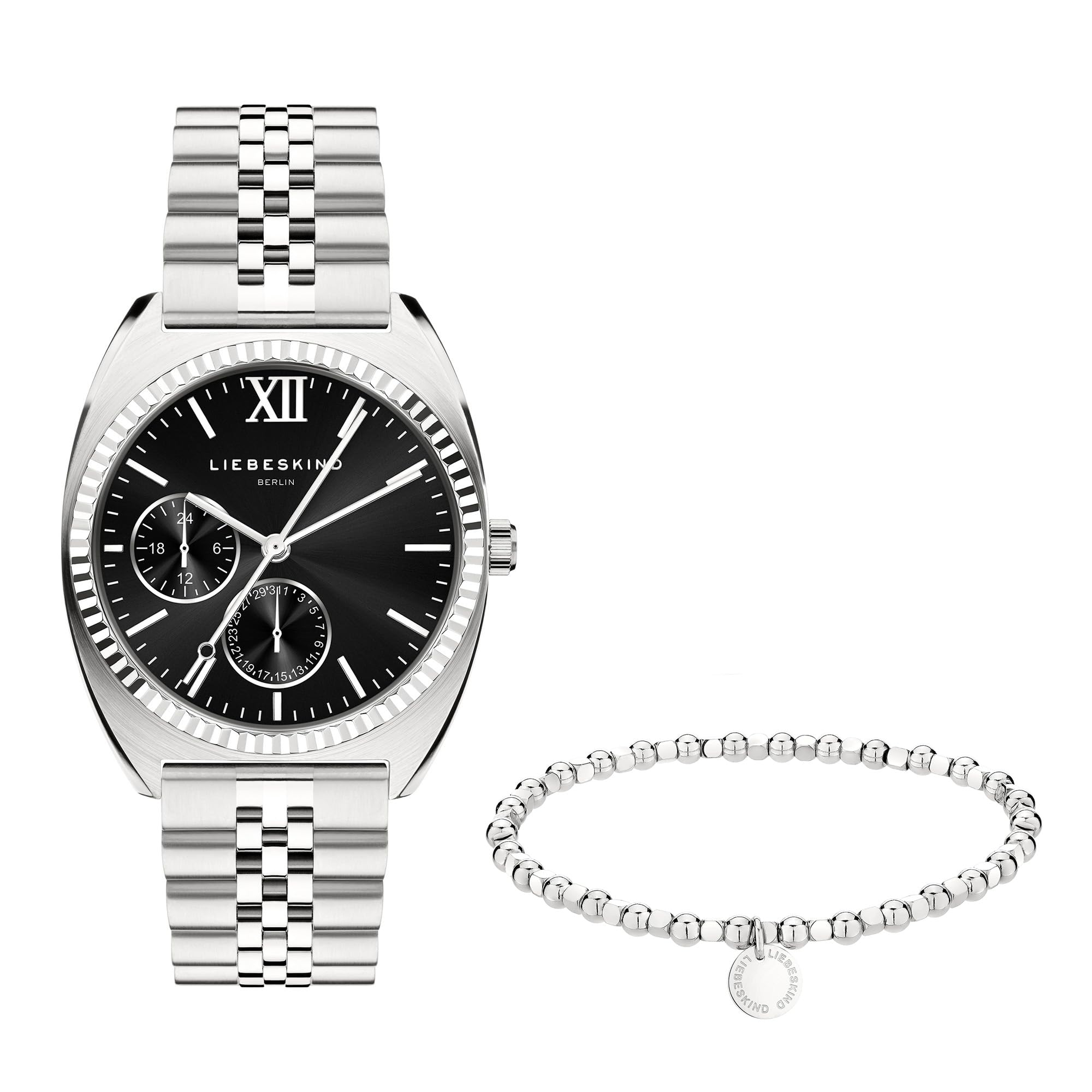 Liebeskind Berlin Set - Silberne Damenuhr mit schwarzem Zifferblatt und passendem Beads-Armband - Silber - Edelstahl - Analoge Armbanduhr mit Quarzwerk - 34 mm - 10 ATM - Kratzfest