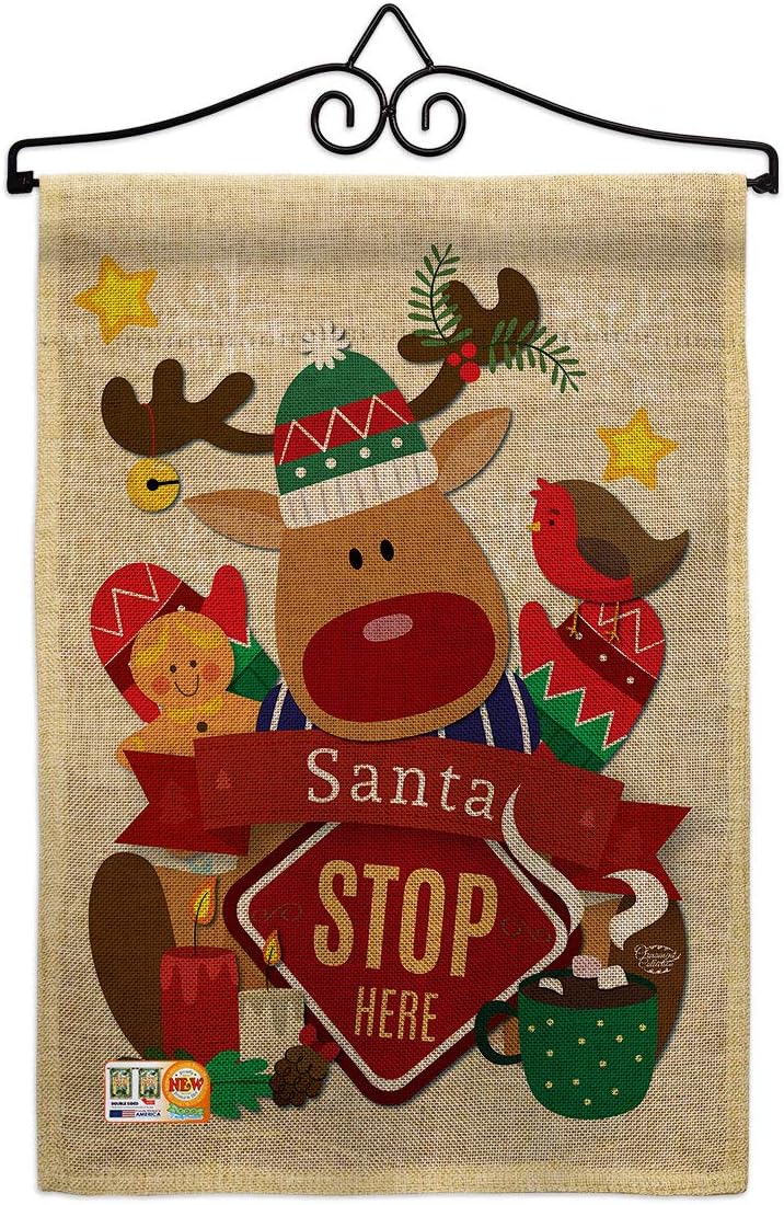Santa Stop Here Burlap Garden Flag Wintertime Christmas Marry Xmas Present Reindeer Season Snow Small Decorative Gift Yard House Banner Double-Sided Made In USA 13 X 18.5