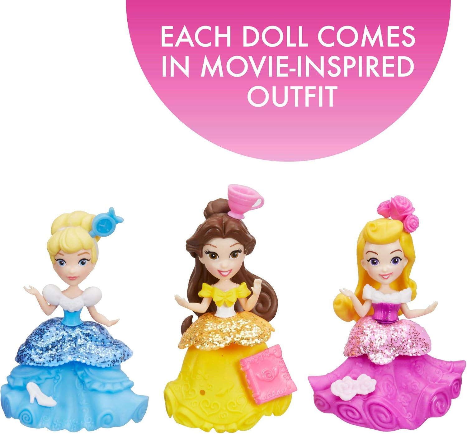 Disney Princess E4221 Little Kingdom Doll Collection, 11 Small Dolls with Glitter Dresses and 22 Snap-ins Accessories, Toy for 4 Year Olds and Up, Brown