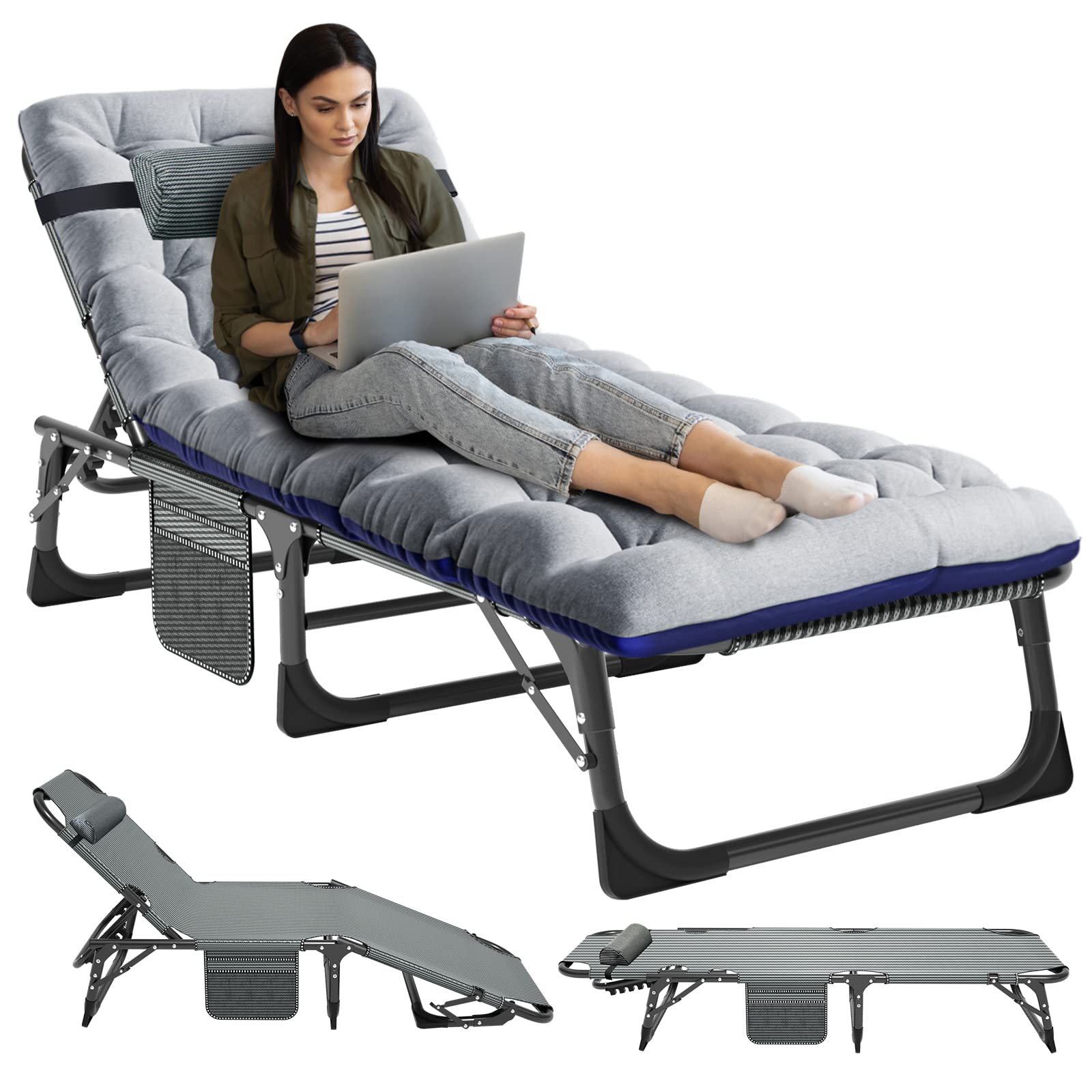 NAIZEA Folding Camping Cot W/Mat for Adults, Adjustable Lounge Chair Outdoor, Heavy Duty Sleeping Cot Bed, Travel Camp Cots for Pool, Beach, Patio Sunbathing