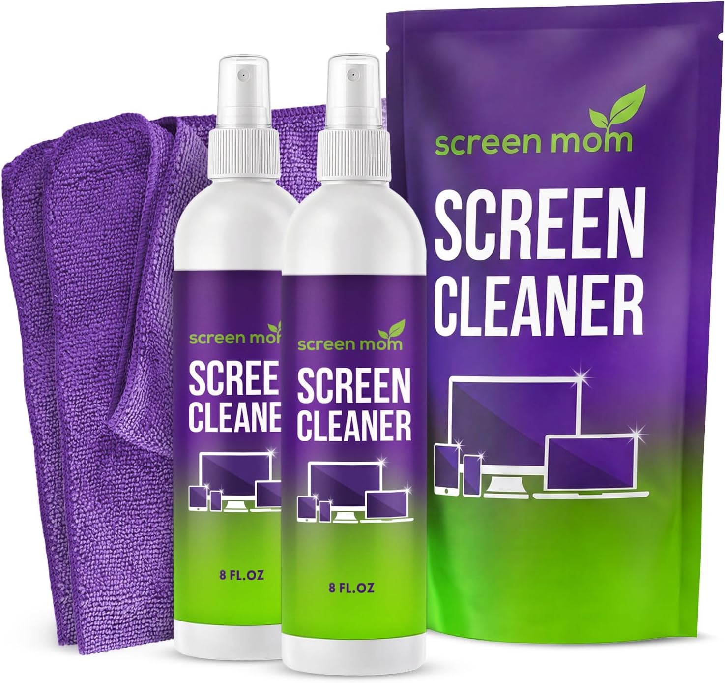 Screen Cleaner Spray 2 Pack-2x8oz for TV, Car, Laptop & Computer | Streak-Free Finish, Glass & OLED Safe, Alcohol-Free Formula, Cleans Phones & Tablets, No Residue, Includes Microfiber Cloths