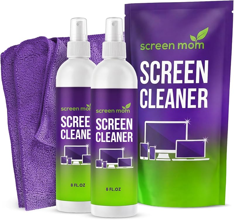 Spray limpiador de pantalla, paquete de 2, 2 x 8 oz para TV, automóvil, computadora portátil y computadora | Acabado sin rayas, apto para vidrio y OLED, fórmula sin alcohol, limpia teléfonos y tabletas, sin residuos, incluye paños de microfibra