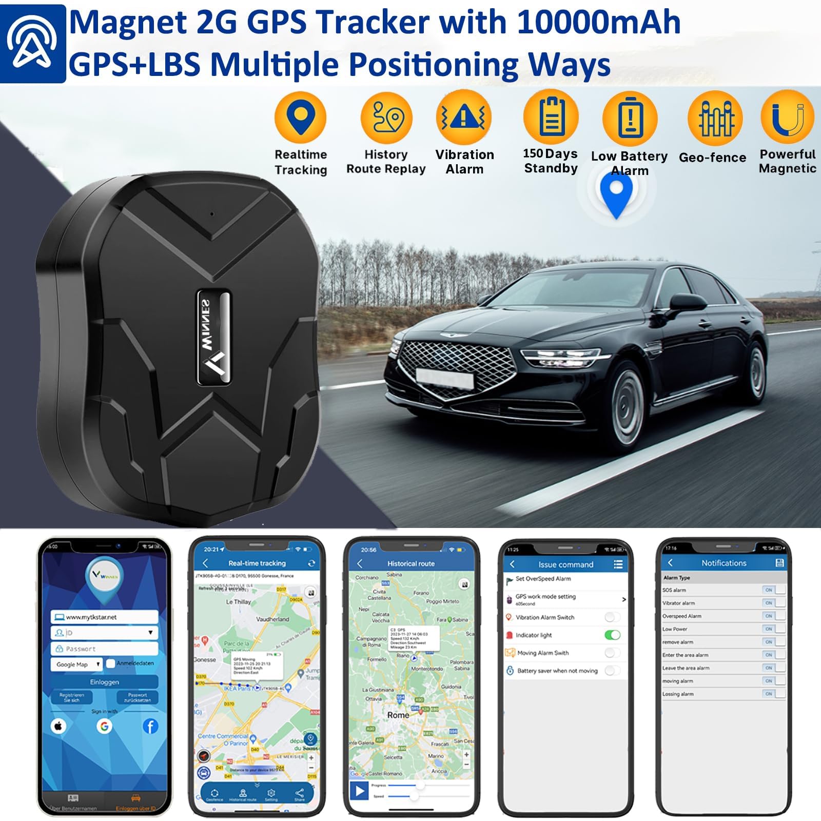 GPS Tracker Étanche Temps Réel Espion Professionnel Anti-Perdu Alarme APP Gratuite GPS Tracker pour Voiture Moto Navire Flotte 150 Jours en Veille