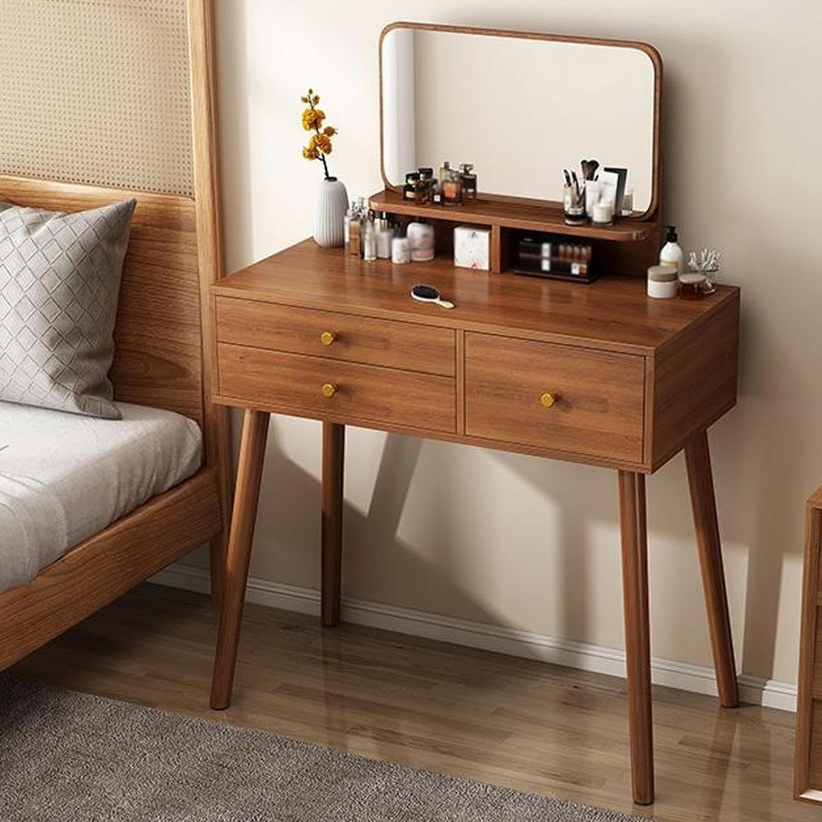 asdchZen Makeup Dressing Table With Mirror Brown Vanity Desk With Storage Drawers Compact Makeup Station For Small Bedrooms-100X40X135Cm