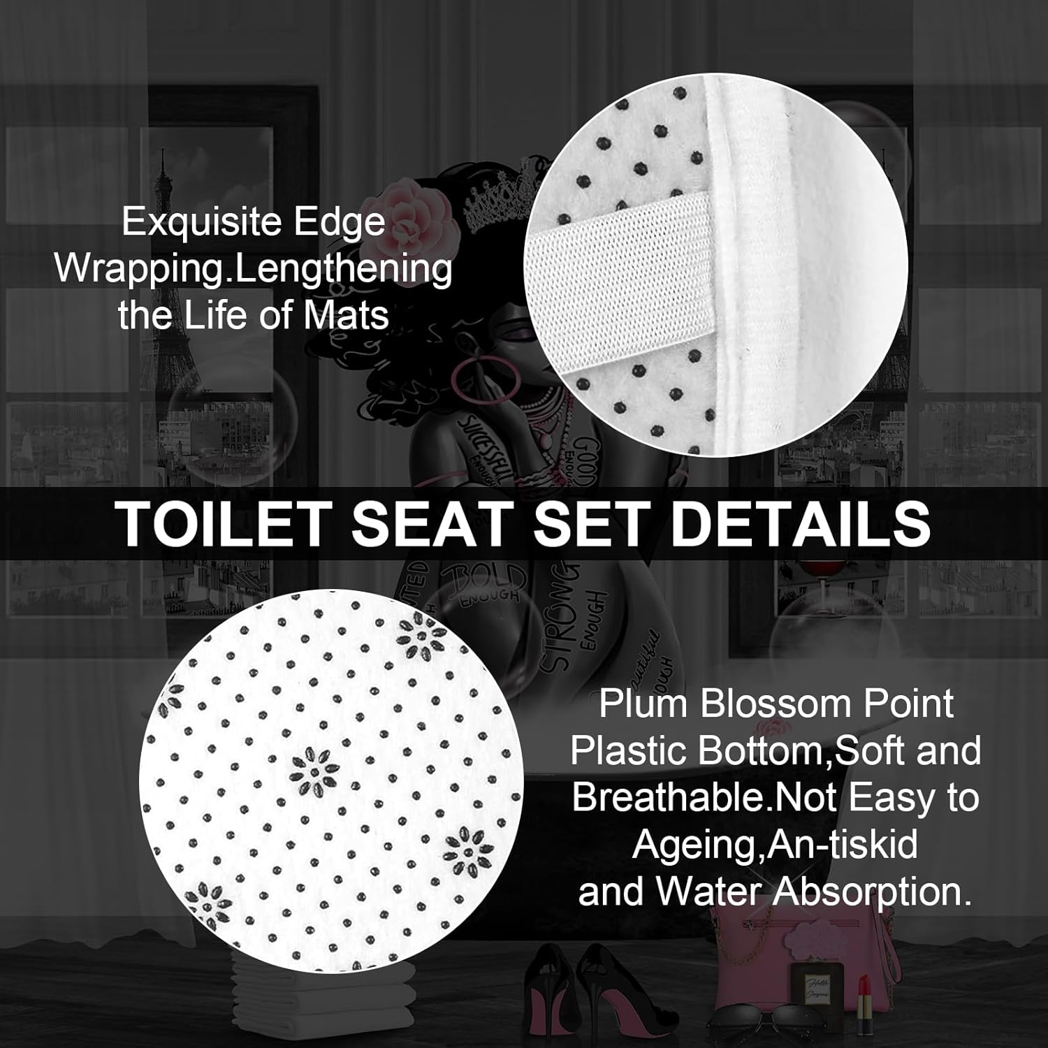 4Pcs African American Shower Curtain Sets with Rugs, Black Girl Shower Curtain for Bathroom Decor Sets with Paris Eiffel Tower Art Pattern, Grey Waterproof juego de baño, with 12 PCS Hooks