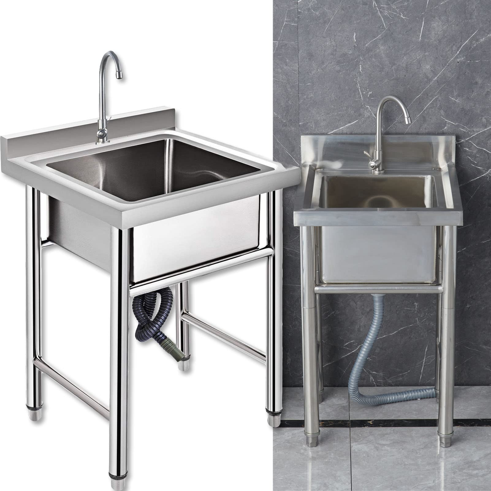 ZQFHSX Free Standing Kitchen 304 Stainless Steel Commercial Handmade Sink Bathroom Restaurant Farmhouse Prep Workstation