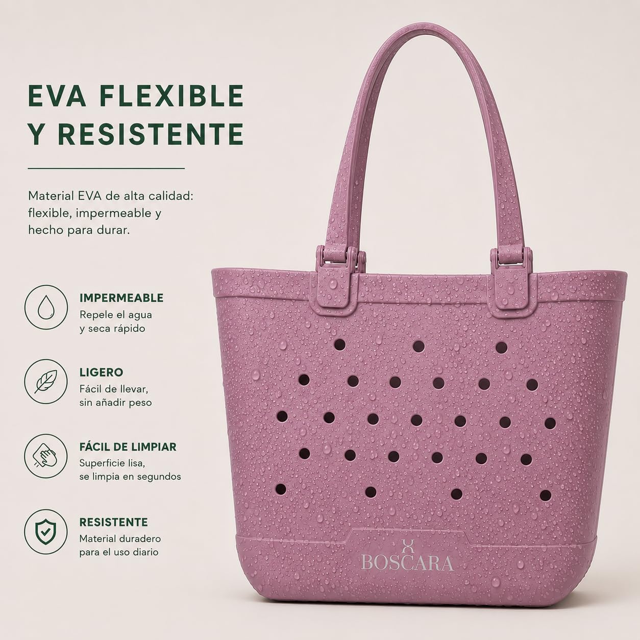 Bolso EVA Playa Grande – Bolsa Impermeable Mujer con Asas Largas, Diseño Perforado, Ligero y Fácil de Limpiar, Ideal para Playa, Piscina y Camping