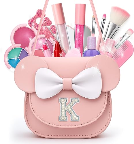 Maquillaje no tóxico para niñas pequeñas, juegos de maquillaje real seguros para niñas de 3 a 8 años con bolsa inicial K, kit de maquillaje para