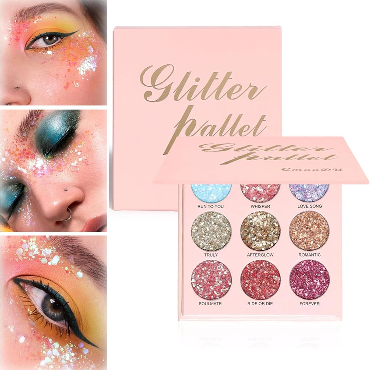 Glitter Eyeshadow Palette includes 9 metallic shades with pressed shimmer Highly pigmented glitter creates bold, glamorous eye looks that shine and sparkle