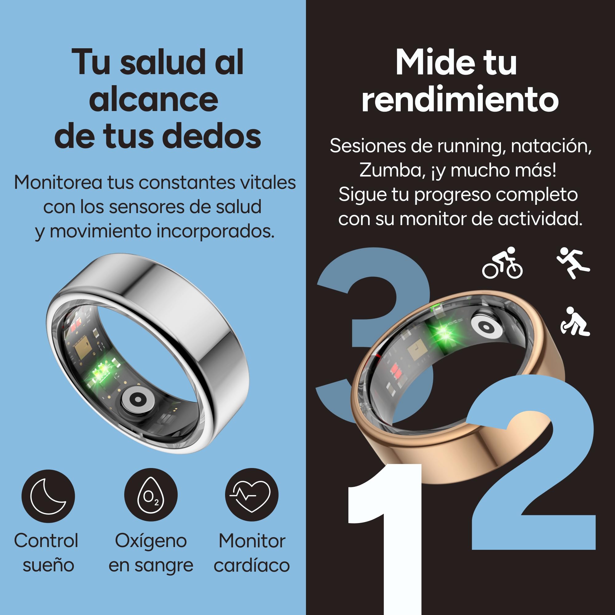 KSIX Saturn Anillo Inteligente Hombre y Mujer con Monitor de Actividad Pasos y Calorías - Smart Ring Que Mide Oxígeno en Sangre, Monitor Cardíaco, Control de Sueño - 3 Días Autonomía - XS - Dorado
