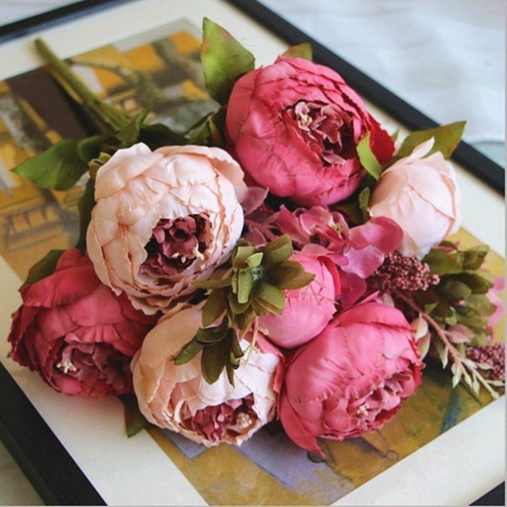SHINE-CO LIGHTING Artificial Peony Silk Flowers Bouquet Glorious Moral for Home Office Parties and Wedding (dark pink)